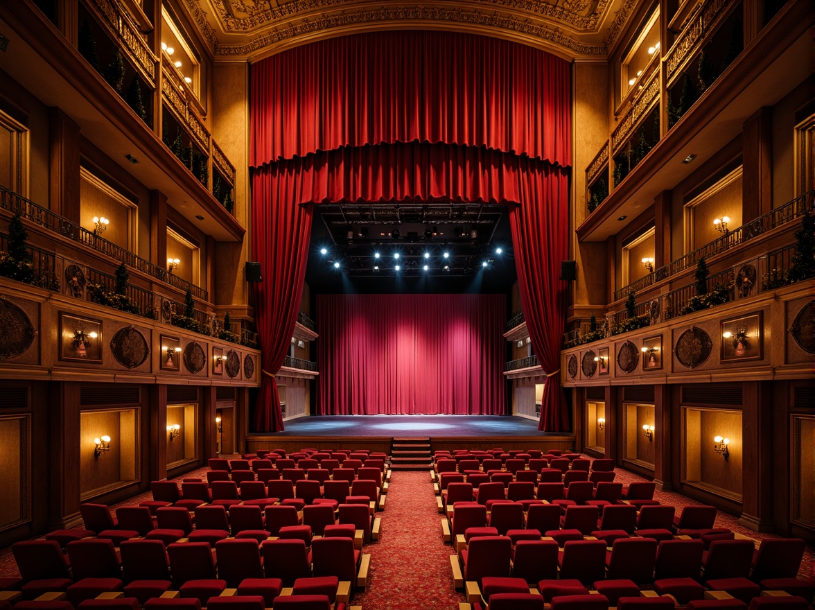 Prompt: Luxurious auditorium interior, rich velvet curtains, warm golden lighting, dark wood accents, plush red seats, ornate metal details, grand chandeliers, sophisticated sound systems, acoustic panels, dramatic spotlights, soft carpeting, elegant staircases, refined architectural lines, subtle texture contrasts, atmospheric ambiance, 1/2 composition, cinematic lighting, realistic reflections.