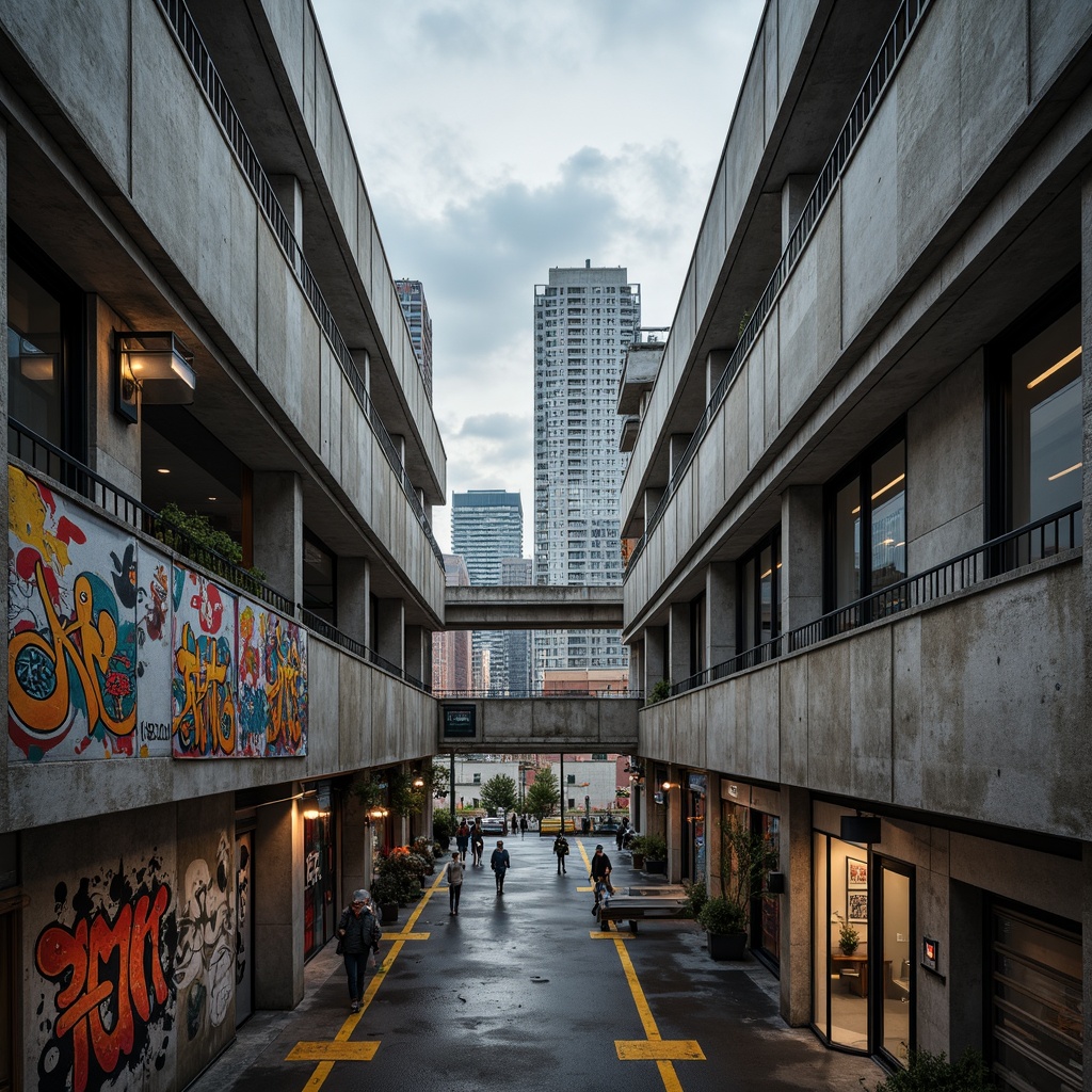 Prompt: Industrial urban landscape, brutalist architecture, exposed concrete walls, steel beams, minimalist decor, monochromatic color scheme, bold accent colors, vibrant street art, graffiti murals, urban textures, distressed finishes, reclaimed wood accents, industrial lighting fixtures, metal railings, cityscape views, cloudy skies, dramatic shadows, high contrast ratio, 1/2 composition, cinematic mood, gritty realism.