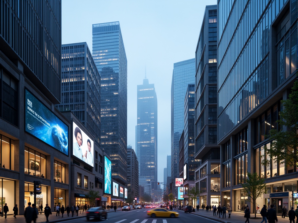 Prompt: Futuristic cityscape, sleek skyscrapers, iridescent glass facades, metallic frames, neon lights, holographic advertisements, bustling streets, flying cars, robotic pedestrians, cyberpunk atmosphere, misty evening, soft blue lighting, shallow depth of field, 1/1 composition, panoramic view, realistic reflections, ambient occlusion.