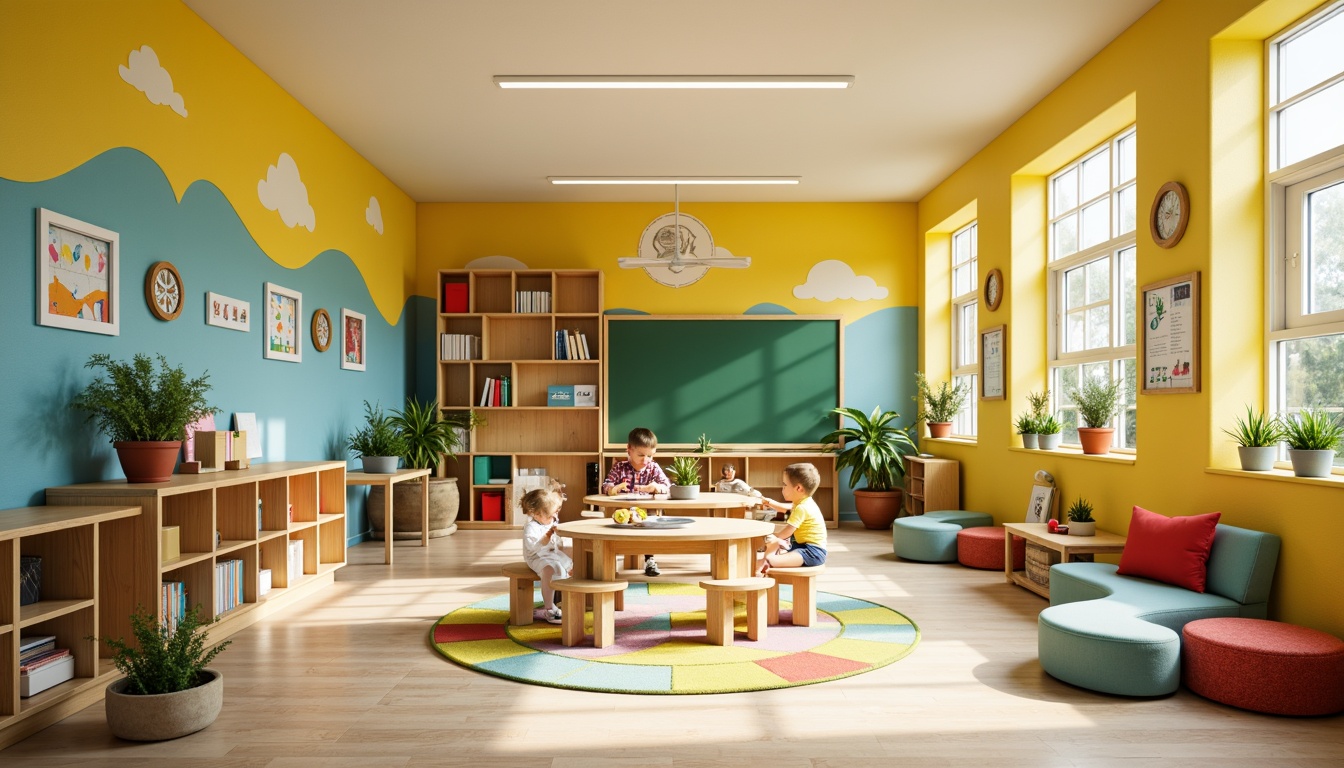 Prompt: Vibrant elementary school, playful kindergarten classroom, bright yellow walls, soft blue accents, green chalkboard, wooden desks, colorful rug, educational posters, natural light, warm beige floors, modern furniture, circular tables, collaborative learning spaces, cozy reading nooks, calming atmosphere, gentle lighting, shallow depth of field, 1/1 composition, realistic textures, ambient occlusion.