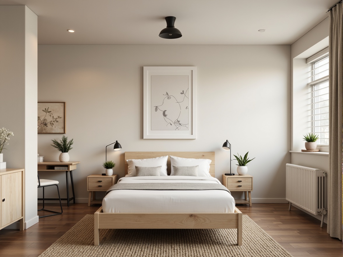 Prompt: Monochromatic dorm room, minimalist decor, soft beige walls, light wood furniture, simple bed frame, crisp white bedding, subtle gray accents, industrial metal lamps, natural fiber rugs, calm atmosphere, warm softbox lighting, shallow depth of field, 1/1 composition, realistic textures, ambient occlusion.