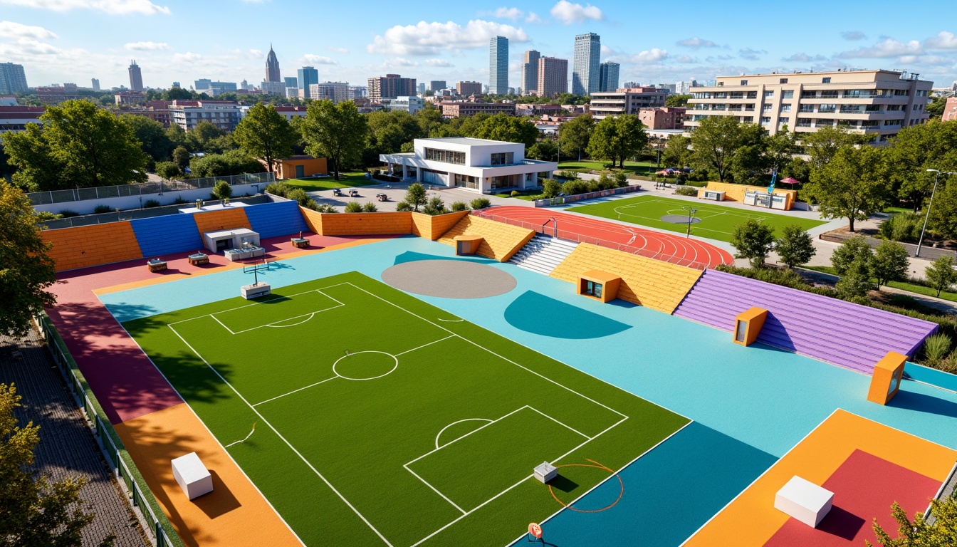 Prompt: Vibrant sports fields, eclectic mix of materials, bold color blocking, dynamic shapes, abstract patterns, modernist architecture, functional zones, athletic tracks, soccer goals, basketball courts, tennis nets, spectator seating, shaded areas, natural grass, artificial turf, urban landscape, city skyline, sunny day, dramatic lighting, high contrast, 1/2 composition, wide-angle lens, realistic textures, ambient occlusion.