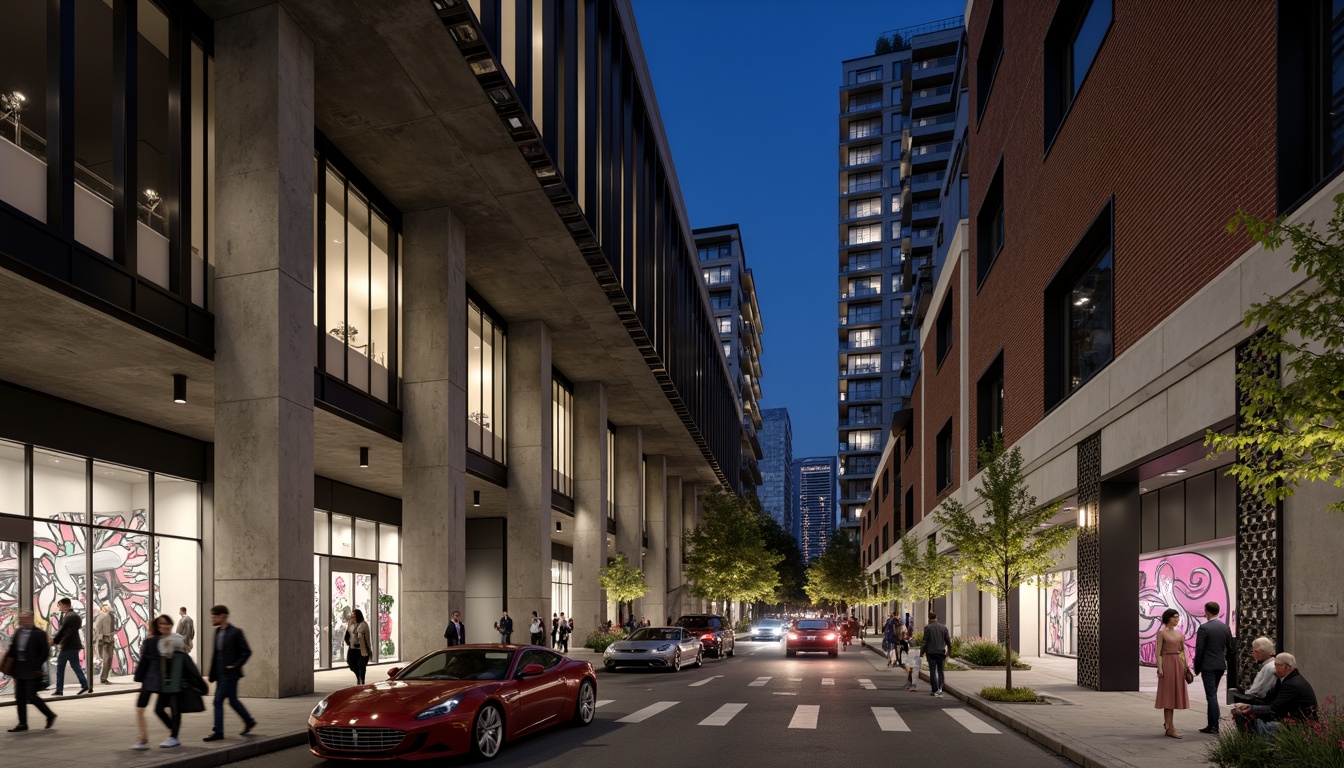 Prompt: Exposed concrete columns, sleek steel beams, minimalist cantilevered roofs, industrial chic aesthetic, polished metal accents, geometric patterned facades, modern urban landscape, bustling city streets, vibrant street art, eclectic mix of old and new buildings, dramatic nighttime lighting, shallow depth of field, 1/1 composition, realistic textures, ambient occlusion.