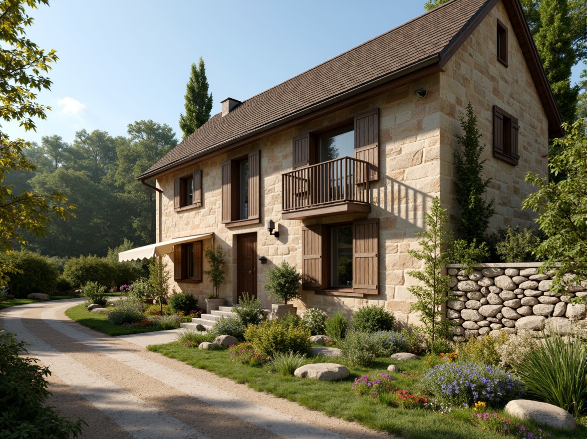 Prompt: Rustic rural cottage, natural stone walls, wooden shutters, earthy color palette, pitched roof, overhanging eaves, lush greenery, blooming wildflowers, winding country roads, serene countryside, warm sunny day, soft diffused lighting, shallow depth of field, 1/2 composition, intimate framing, realistic textures, ambient occlusion.