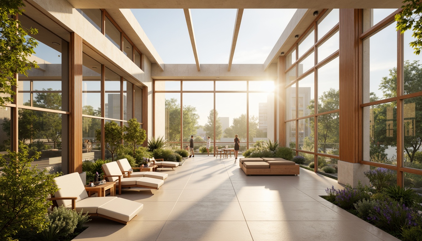 Prompt: Soft warm glow, large windows, clerestory openings, skylights, transparent roofs, minimal shading devices, reflective surfaces, light-colored walls, airy atmosphere, relaxed mood, calming ambiance, natural textures, wooden accents, greenery views, blooming flowers, sunny day, gentle breeze, shallow depth of field, 1/1 composition, realistic lighting effects.