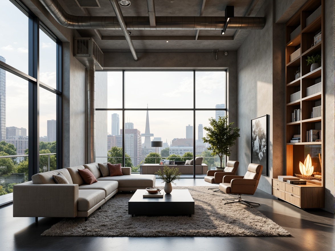 Prompt: Modern minimalist living room, sleek low-profile furniture, neutral color palette, textured rugs, floor-to-ceiling windows, natural light pouring in, urban cityscape views, industrial-chic exposed ductwork, polished concrete floors, geometric-shaped coffee tables, plush sectional sofas, ambient warm lighting, 1/1 composition, shallow depth of field, realistic reflections, cozy reading nooks, built-in shelving units, hidden storage compartments, smart home automation systems.