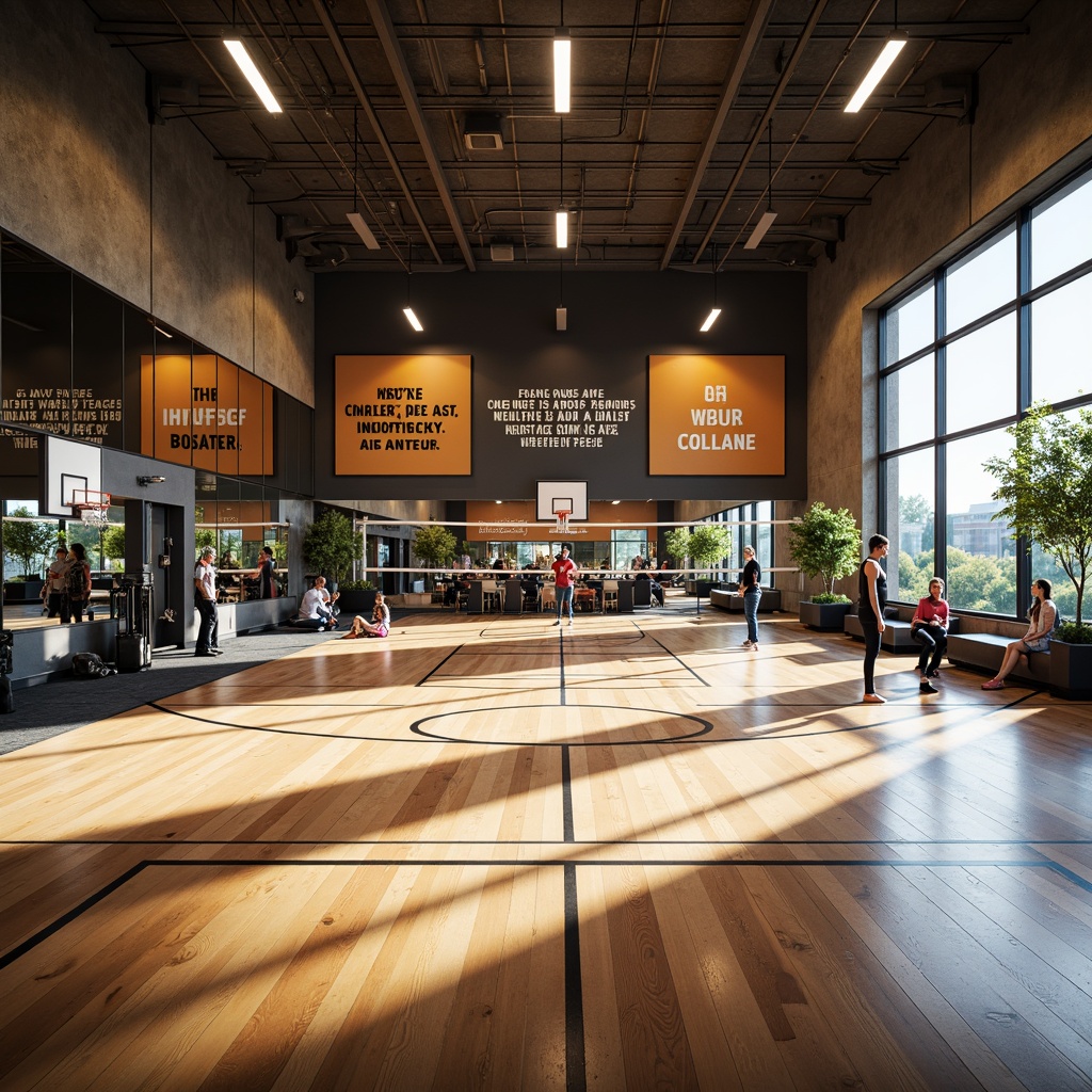 Prompt: Modern gymnasium interior, high ceilings, polished wooden floors, mirrored walls, professional sports equipment, basketball hoops, volleyball nets, exercise machines, free weights, yoga mats, motivational quotes, natural light, soft warm lighting, shallow depth of field, 3/4 composition, panoramic view, realistic textures, ambient occlusion, athletic color scheme, bold typography, dynamic shapes, functional layout, efficient circulation paths, comfortable seating areas, inspirational artwork.