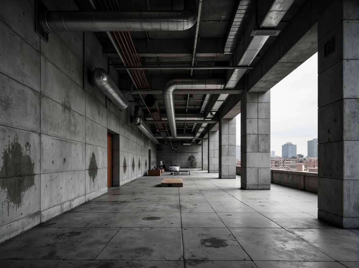 Prompt: Industrial concrete walls, exposed ductwork, metallic beams, urban cityscape, modern brutalist architecture, raw unfinished surfaces, monochromatic color palette, dramatic shadows, high-contrast lighting, abstract geometric patterns, rough tactile textures, poured concrete floors, minimalist decor, functional simplicity, utilitarian aesthetic, cold atmospheric ambiance, cinematic composition, low-angle shot, gritty realistic rendering.