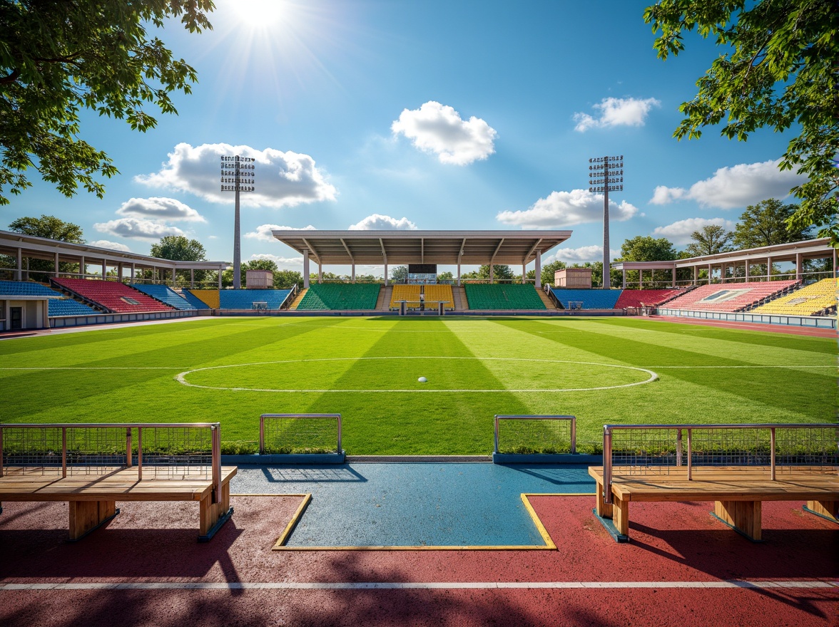 Prompt: Vibrant sports fields, eclectic mix of materials, contrasting textures, artificial turf, natural grass, weathered wood benches, metallic goalposts, colorful rubber tracks, bold graphic patterns, dynamic lighting, dramatic shadows, 1/1 composition, low-angle shot, realistic reflections, ambient occlusion, sunny day, soft warm atmosphere.