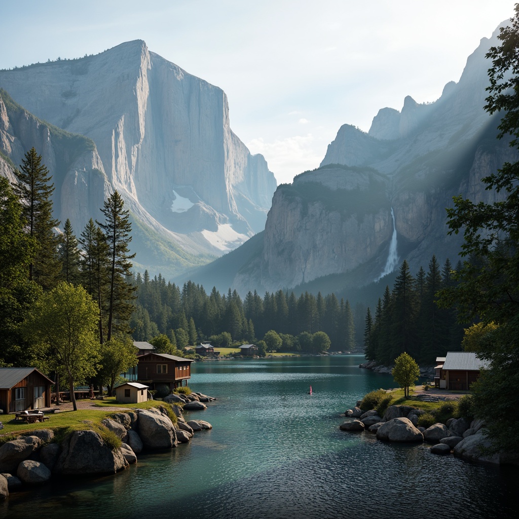 Prompt: Majestic mountain peaks, rugged rocky formations, misty foggy atmosphere, earthy brown terrain, lush green forests, sparkling waterfalls, serene lakeside, rustic wooden cabins, vintage outdoor gear, warm campfire lighting, soft misty morning, cinematic 2.35