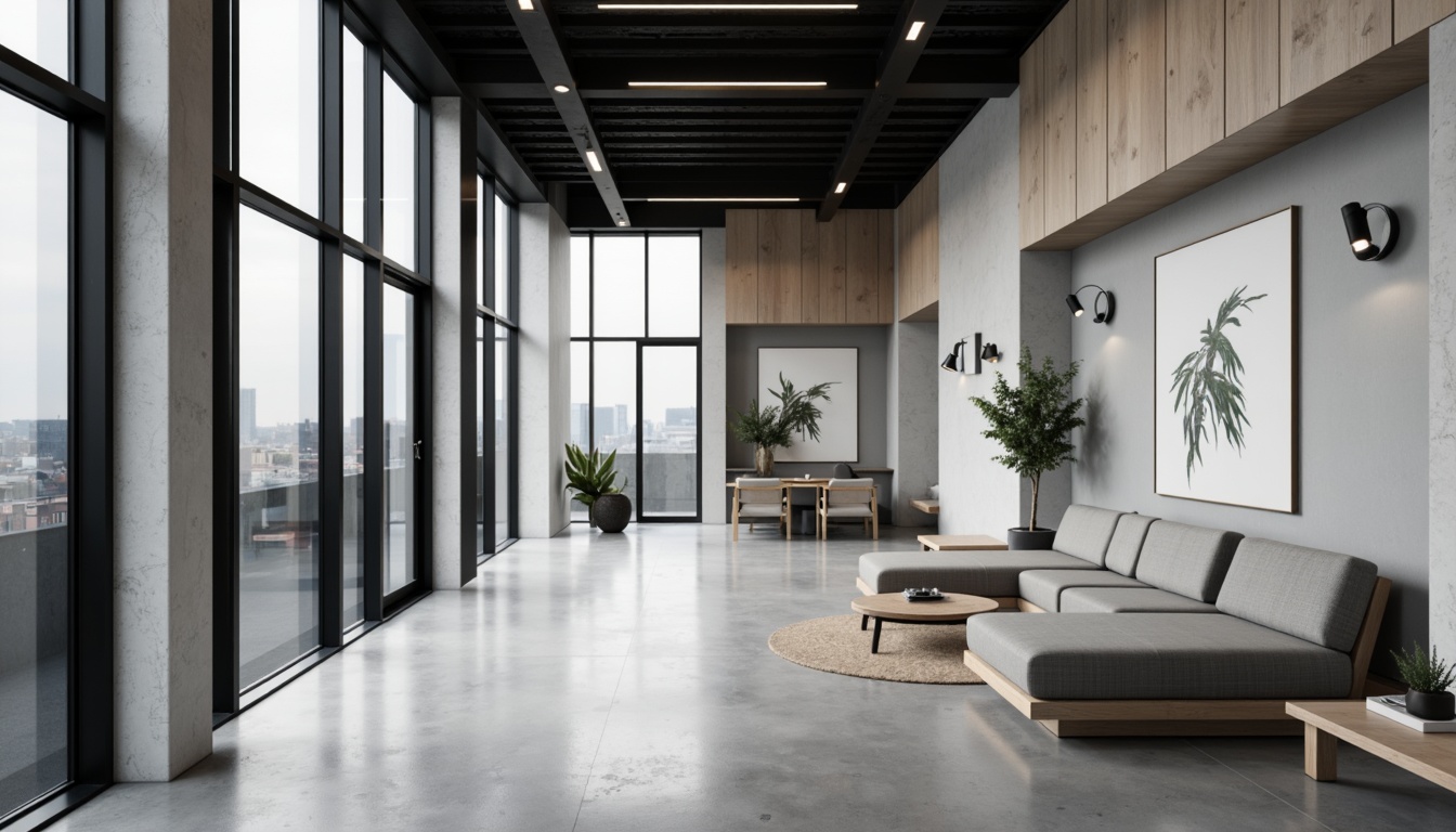 Prompt: Monochromatic interior space, sleek lines, minimal ornamentation, industrial chic aesthetic, polished concrete floors, matte black metal accents, frosted glass partitions, smooth wood surfaces, subtle texture variations, neutral color palette, soft diffused lighting, shallow depth of field, 1/1 composition, realistic reflections, ambient occlusion.