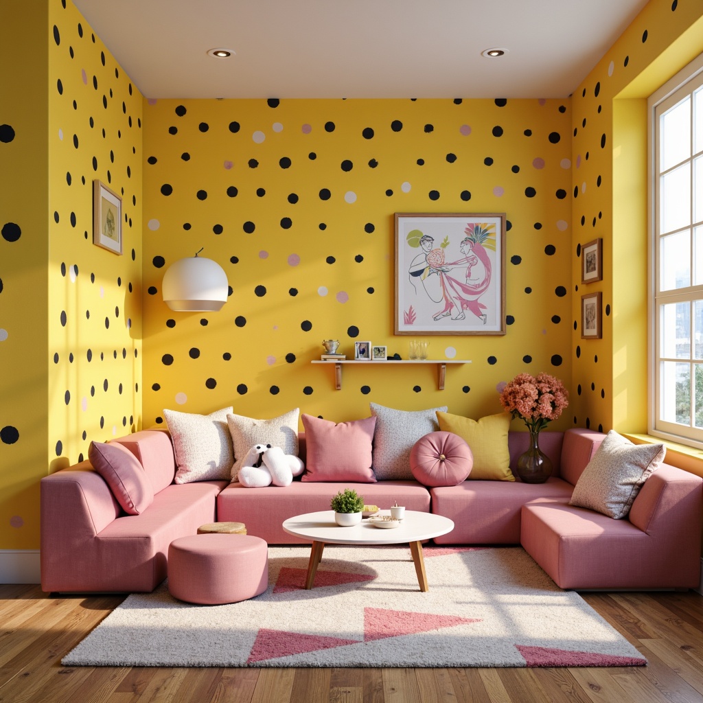 Prompt: Vibrant playroom, whimsical color accents, bold polka dots, bright yellow walls, soft pink furniture, playful geometric patterns, textured carpets, natural wood floors, modern minimalist decor, cozy reading nooks, oversized pillows, fun abstract artwork, eclectic decorative objects, warm task lighting, shallow depth of field, 1/1 composition, realistic textures, ambient occlusion.