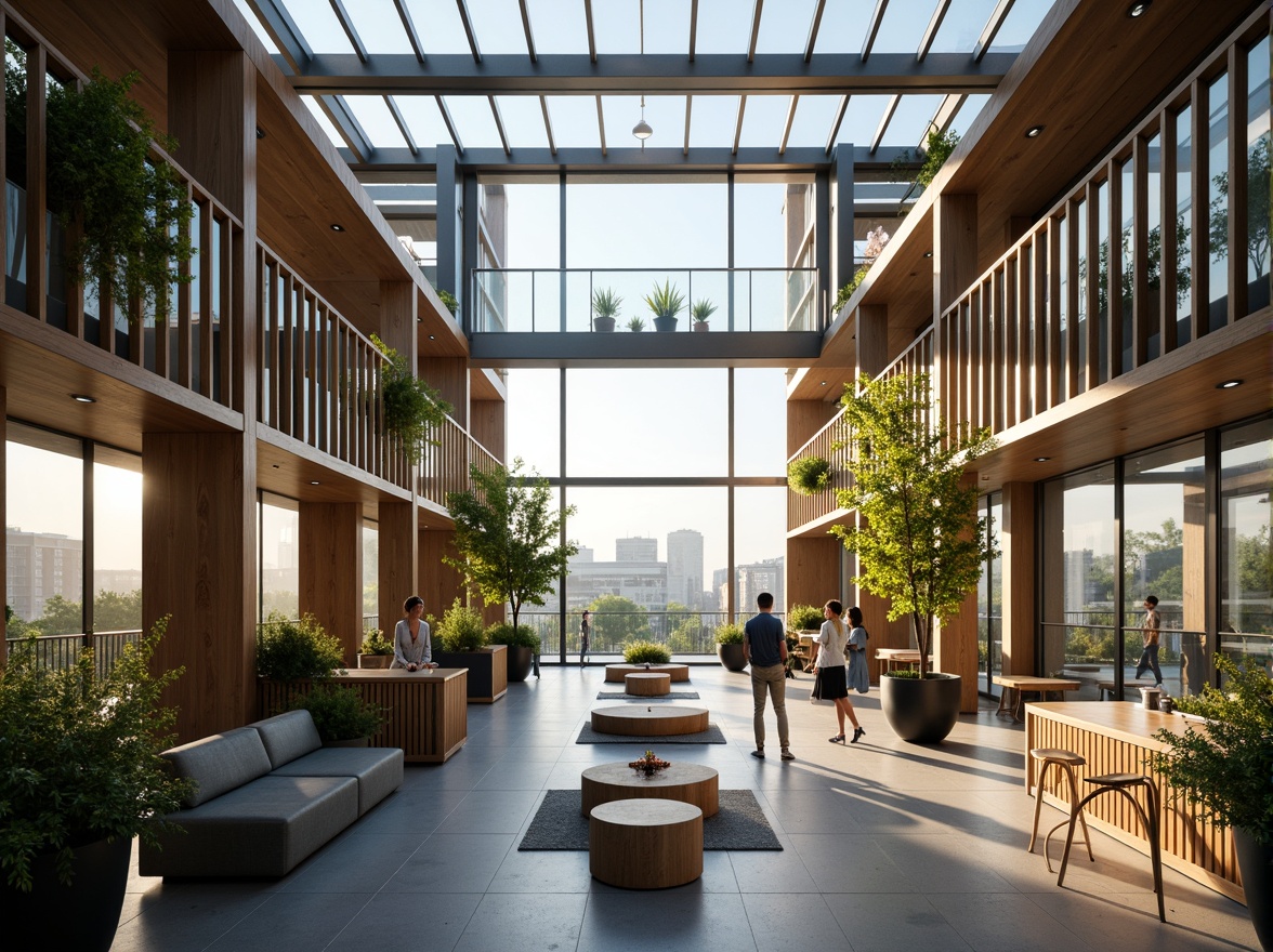 Prompt: Eco-friendly dormitory, polycarbonate walls, translucent roofing, natural ventilation, energy-efficient lighting, minimalist decor, recycled furniture, greenery-filled balconies, urban cityscape views, modern architecture, sleek lines, industrial chic aesthetic, soft warm glow, shallow depth of field, 1/1 composition, realistic textures, ambient occlusion.