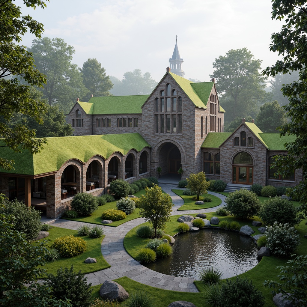 Prompt: Majestic Gothic healthcare center, lush green roofs, verdant courtyards, natural stone walls, stained glass windows, grand arches, intricate carvings, serene water features, walking trails, native plant species, forest surroundings, misty mornings, soft diffused lighting, 1/1 composition, intimate atmosphere, realistic textures, ambient occlusion.