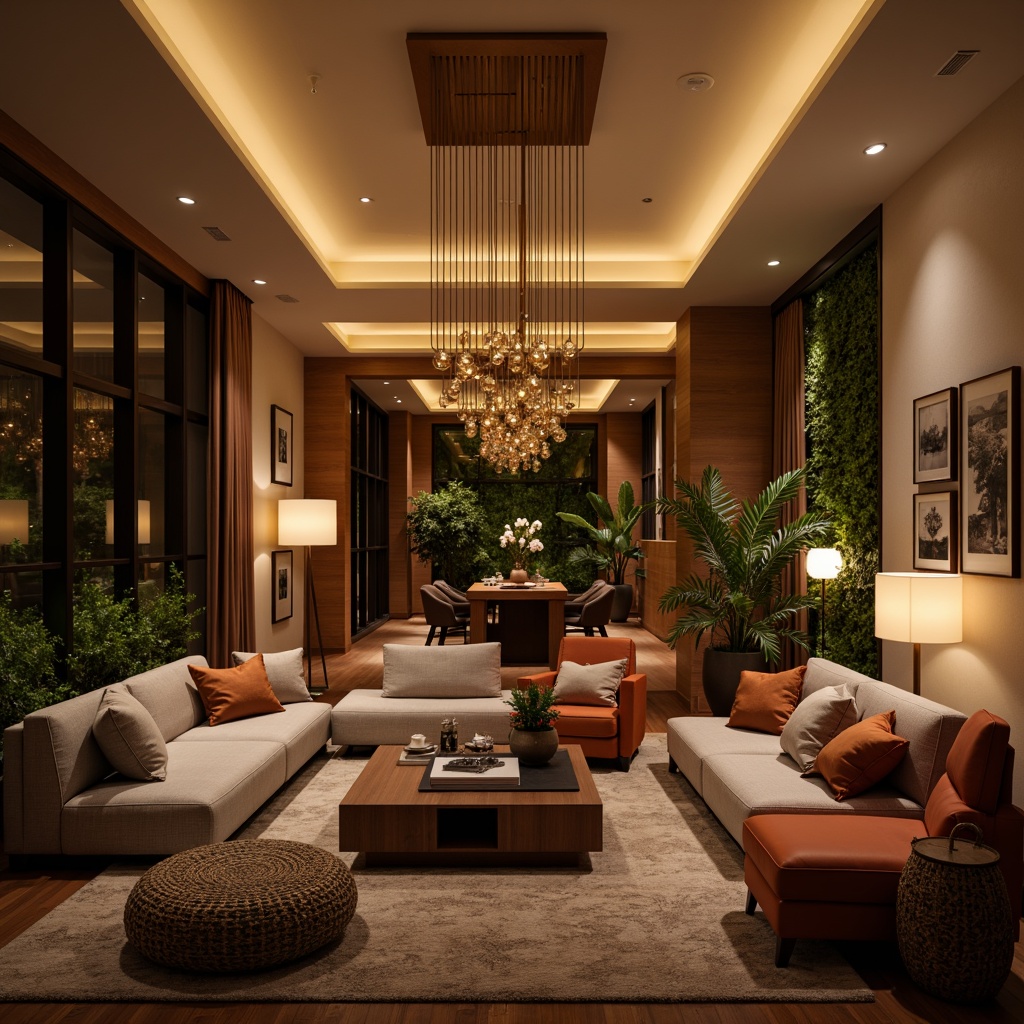 Prompt: Cozy living room, warm ambient lighting, soft glowing lamps, comfortable seating areas, rich wood accents, plush carpets, elegant chandeliers, subtle color temperatures, layered lighting effects, dramatic ceiling fixtures, modern minimalist decor, sleek metal frames, floor-to-ceiling windows, natural daylight, warm beige walls, inviting atmosphere, relaxing ambiance, 1/1 composition, soft focus, realistic shadows.