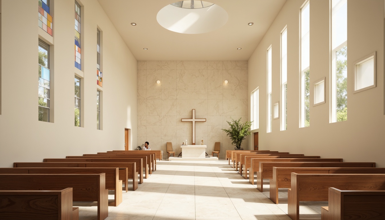 Prompt: Minimalist church interior, high ceilings, clerestory windows, natural light pouring in, subtle shadows, cream-colored walls, polished marble floors, sleek wooden pews, simple altar design, stained glass accents, abstract geometric patterns, warm beige tones, soft diffused lighting, 1/1 composition, realistic textures, ambient occlusion.