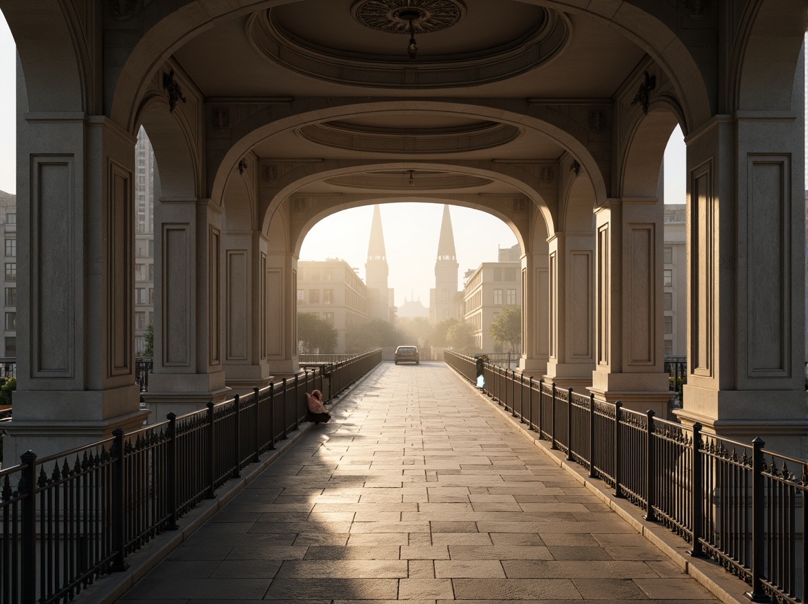 Prompt: Elegant pedestrian bridge, classical arches, ornate stone carvings, symmetrical composition, grand entrance, sweeping curves, refined metal railings, subtle lighting, misty morning atmosphere, soft warm glow, shallow depth of field, 1/1 composition, realistic textures, ambient occlusion.