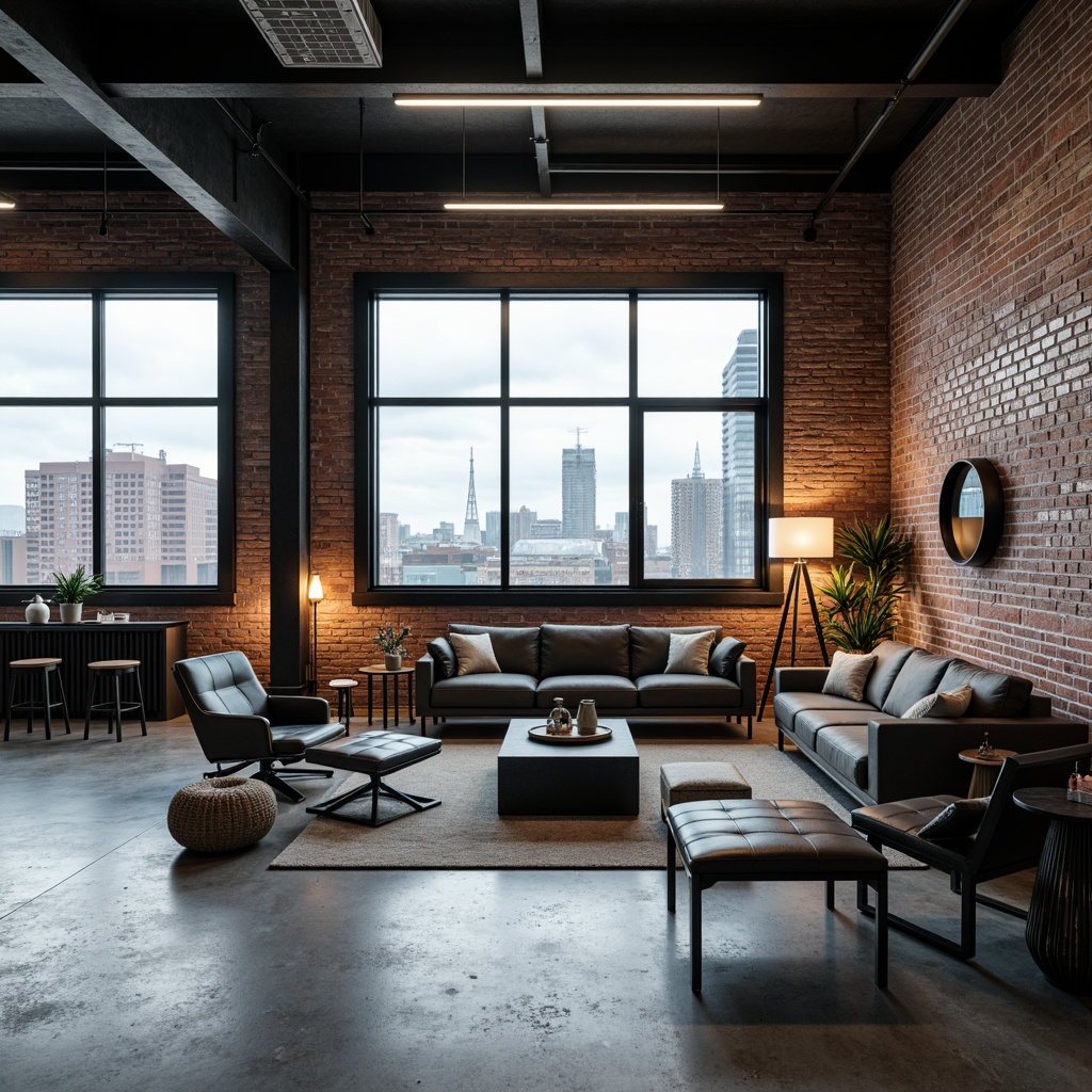 Prompt: Industrial chic loft, exposed brick walls, metal beams, polished concrete floors, sleek modern furniture, minimalist decor, neutral color palette, monochromatic tones, metallic accents, LED lighting, futuristic ambiance, high-tech gadgets, urban cityscape views, cloudy day, soft diffused light, shallow depth of field, 1/1 composition, realistic textures, ambient occlusion.