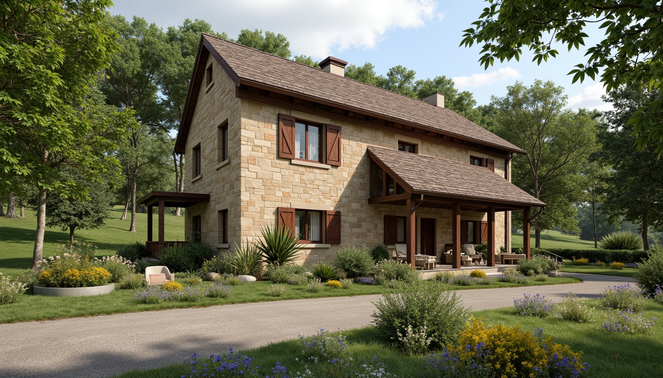 Prompt: Rustic rural cottage, natural stone walls, wooden shutters, earthy color palette, pitched roof, overhanging eaves, lush greenery, blooming wildflowers, winding country roads, serene countryside, warm sunny day, soft diffused lighting, shallow depth of field, 1/2 composition, intimate framing, realistic textures, ambient occlusion.