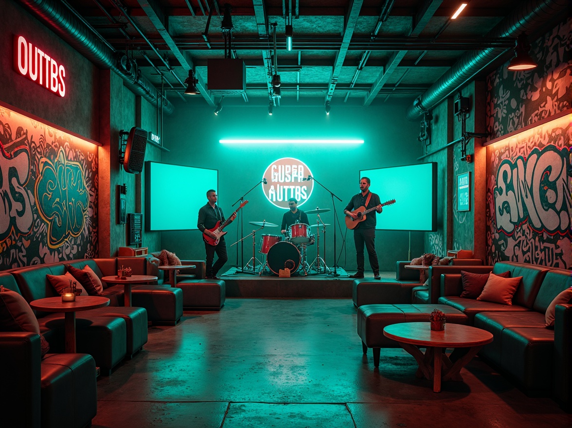 Prompt: Vibrant teal accents, neon lights, dynamic stage design, eclectic music instruments, graffiti walls, industrial metal beams, polished concrete floors, trendy lounge seating, retro-futuristic decor, edgy urban atmosphere, moody dim lighting, shallow depth of field, 1/1 composition, cinematic view, realistic textures, ambient occlusion.