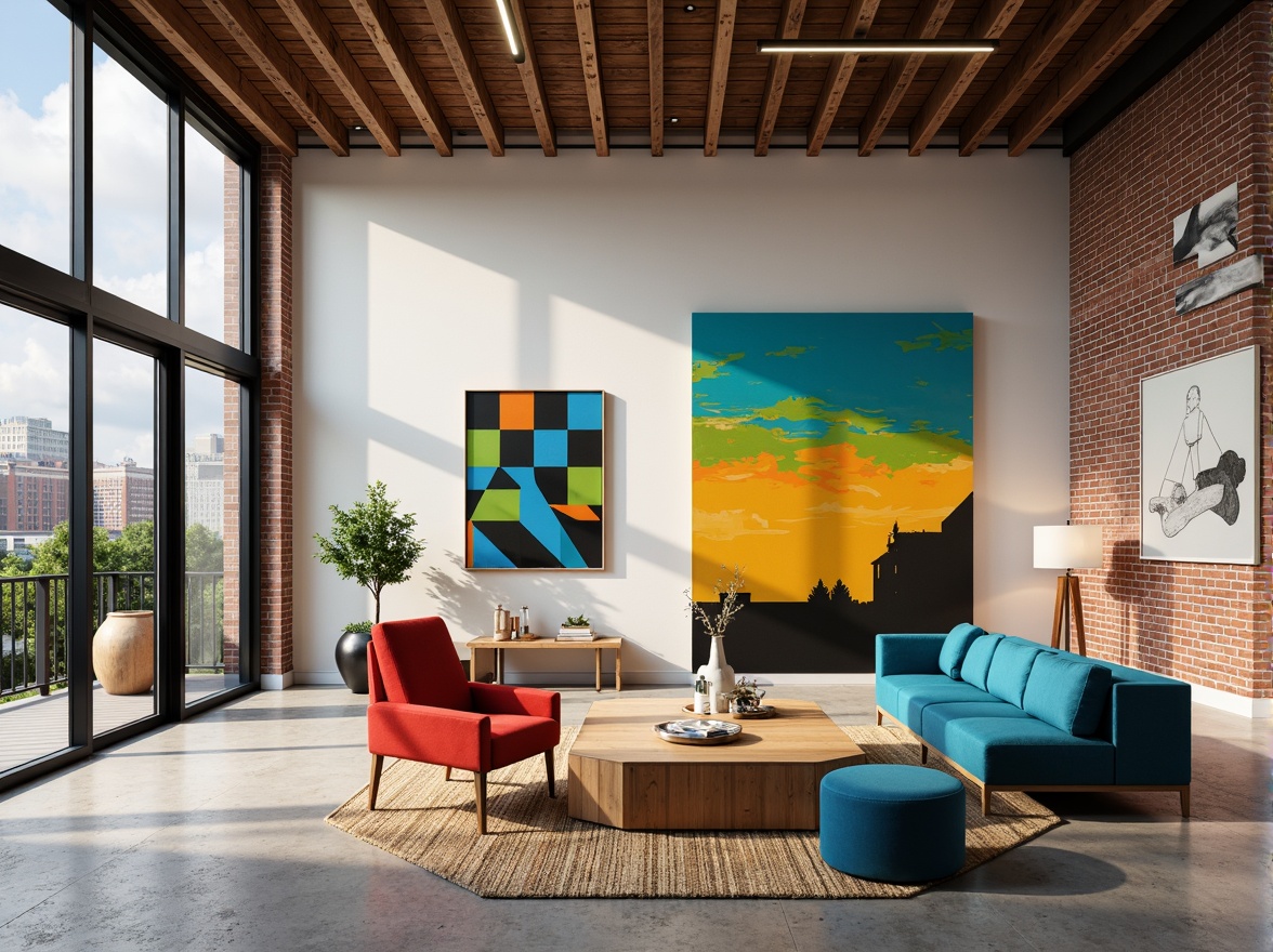 Prompt: Vibrant primary colors, bold geometric shapes, industrial materials, exposed brick walls, steel beams, minimalist decor, functional simplicity, rectangular forms, clean lines, monochromatic color schemes, abstract art pieces, avant-garde sculptures, natural light pouring in, large windows, open floor plans, urban cityscape views, cloudy skies, soft diffused lighting, shallow depth of field, 2/3 composition, realistic textures, ambient occlusion.