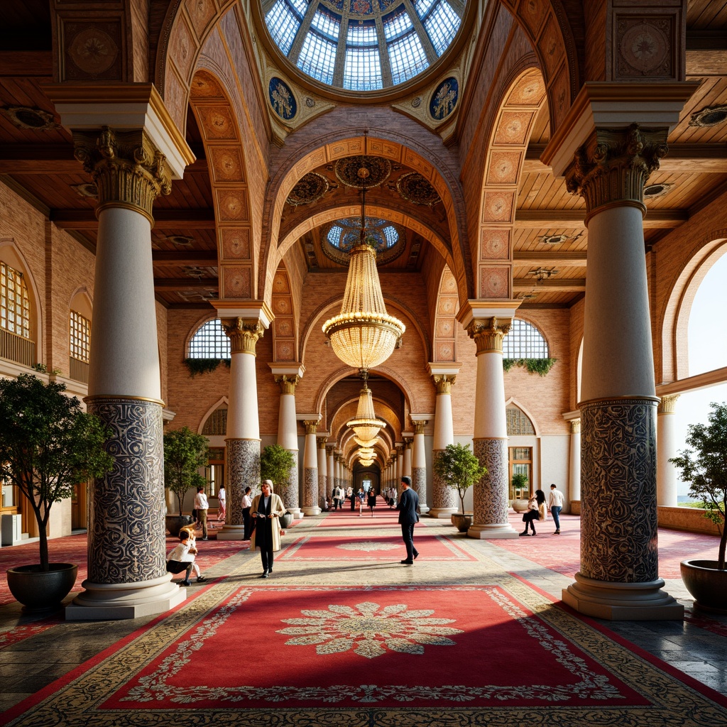 Prompt: Vibrant Islamic-inspired architecture, intricate geometric motifs, ornate tile work, symmetrical archways, grand domes, minarets, colorful mosaics, luxurious textiles, opulent furnishings, lavish decorations, majestic columns, grandiose chandeliers, warm golden lighting, shallow depth of field, 3/4 composition, panoramic view, realistic textures, ambient occlusion.