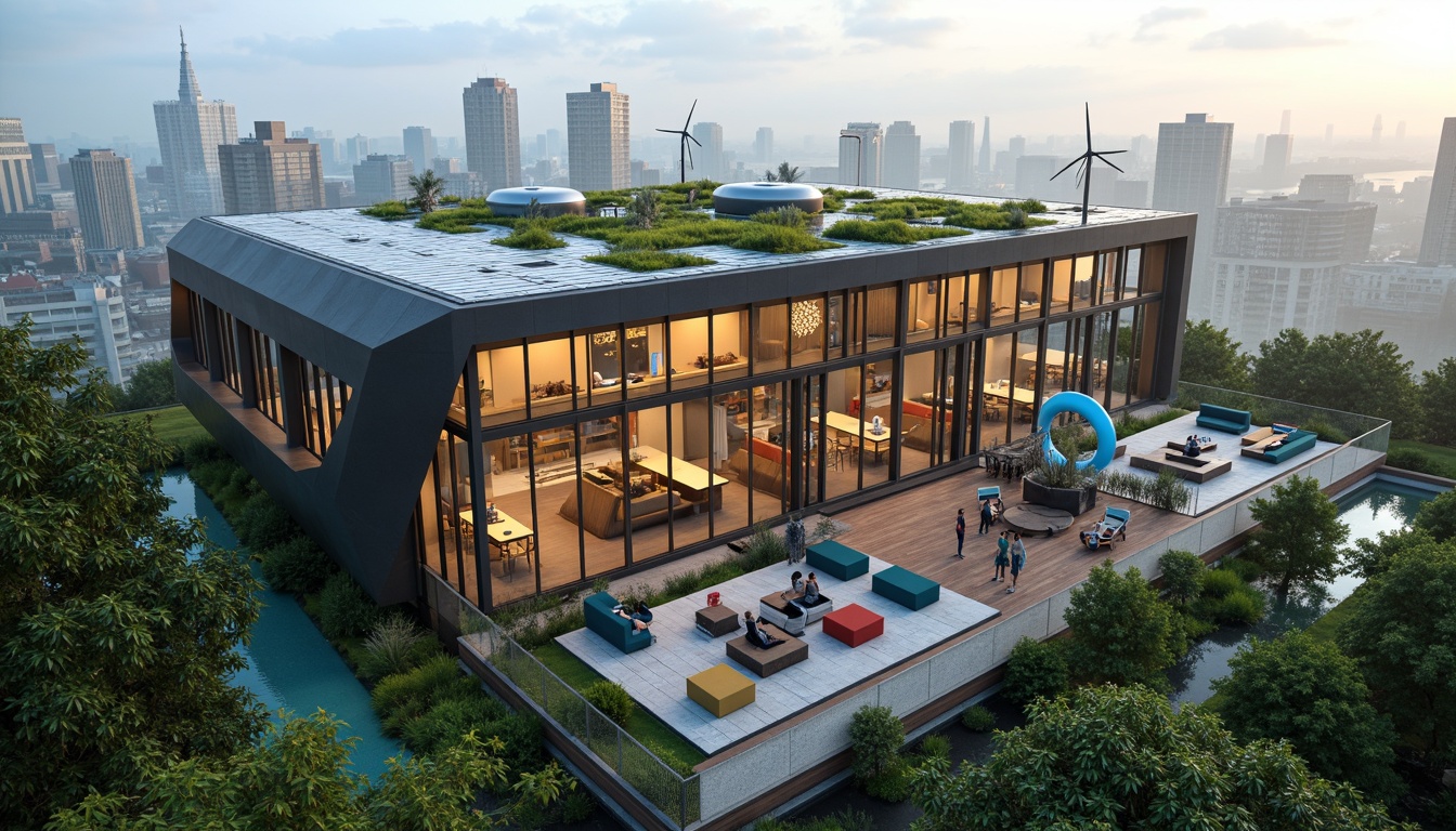 Prompt: Eco-friendly hostel, futuristic architecture, green roofs, solar panels, wind turbines, water conservation systems, recycled materials, minimalist design, angular lines, sleek metal fa\u00e7ades, LED lighting, vibrant colorful accents, geometric patterns, modular furniture, communal spaces, rooftop gardens, urban skyline views, misty morning atmosphere, soft natural light, shallow depth of field, 3/4 composition, panoramic view, realistic textures, ambient occlusion.