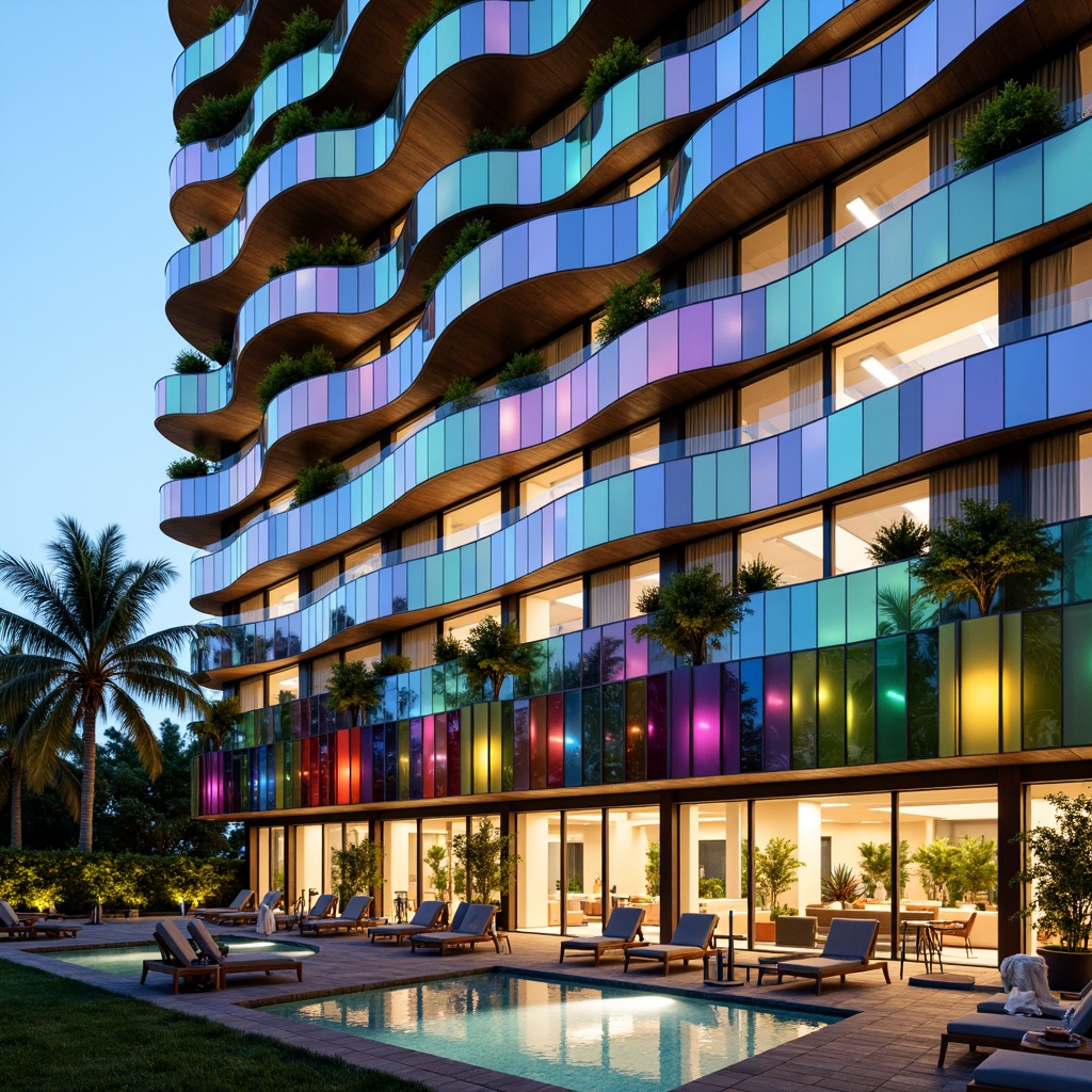 Prompt: Vibrant hotel facade, undulating curves, iridescent glass panels, LED light installations, cantilevered balconies, lush green walls, tropical plants, warm golden lighting, shallow depth of field, 1/1 composition, panoramic view, realistic textures, ambient occlusion, luxurious amenities, rooftop pool, outdoor lounge areas, modern minimalist decor, sleek metal accents, polished marble floors, sophisticated color schemes, futuristic ambiance, experimental materials, innovative structural systems.