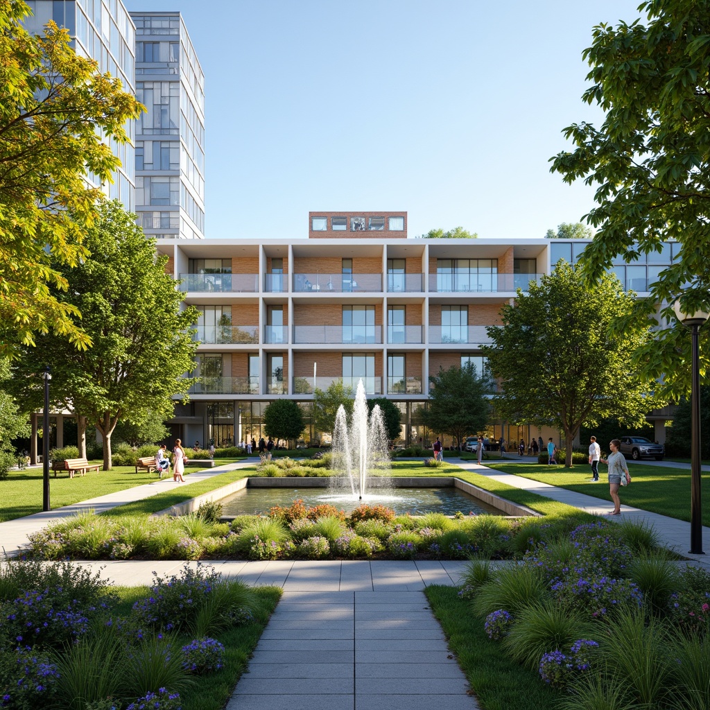 Prompt: Vibrant public administration building, modern architectural design, lush greenery, blooming flowers, manicured lawns, walking paths, benches, ornamental fountains, natural stone walls, water features, urban forest, cityscape views, sunny day, soft warm lighting, shallow depth of field, 3/4 composition, panoramic view, realistic textures, ambient occlusion.