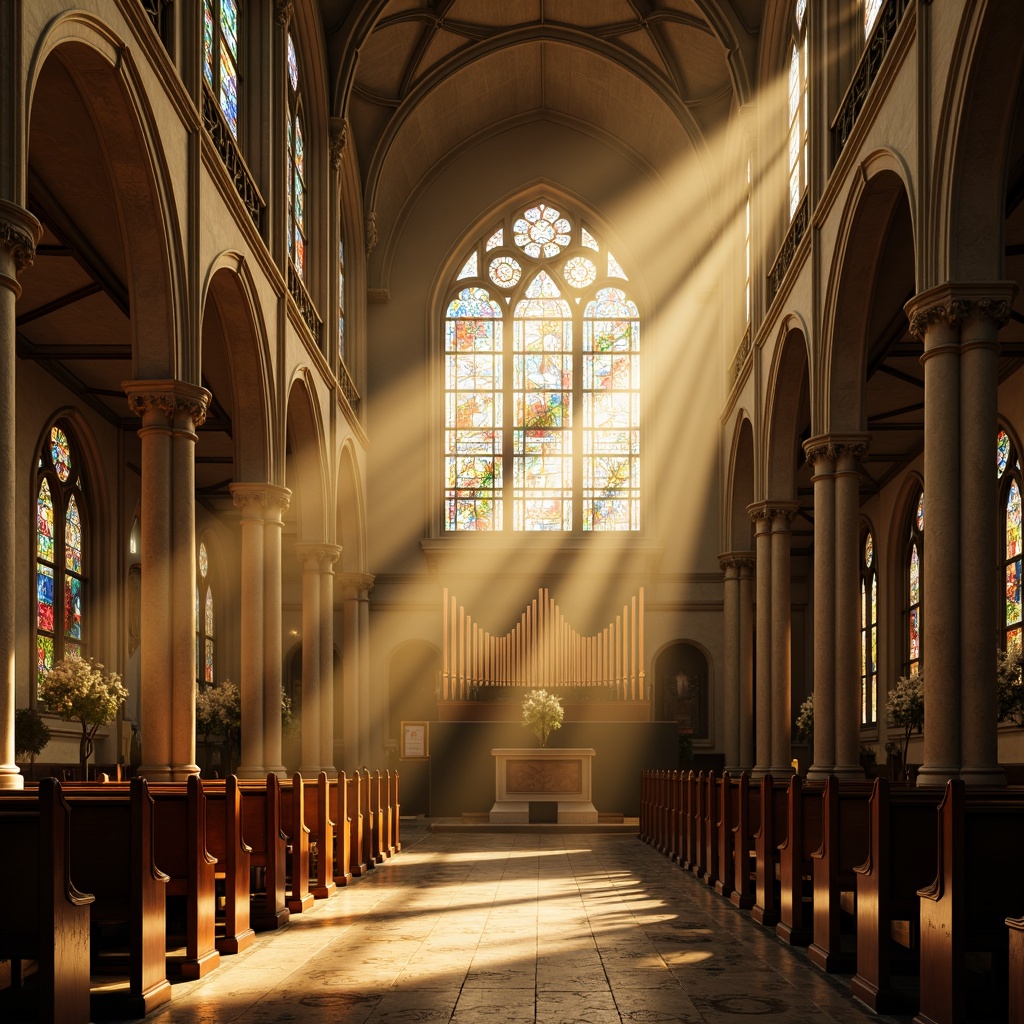 Prompt: Ethereal cathedral interior, stained glass windows, warm golden lighting, soft diffused illumination, dramatic beam of light, vaulted ceilings, ornate chandeliers, intricate stone carvings, majestic pipe organs, serene ambiance, peaceful atmosphere, subtle color temperature, gentle shadows, 1/1 composition, high contrast ratio, realistic reflections, ambient occlusion.