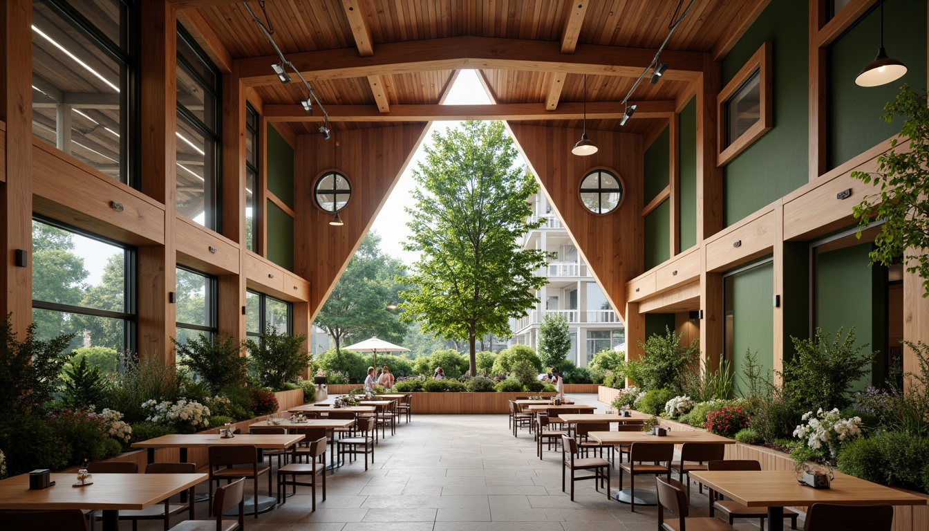 Prompt: Fragmented dining hall, modern architecture, angular lines, minimalist design, open floor plan, communal seating, wooden tables, metal chairs, pendant lighting, natural stone flooring, green walls, living plants, warm color scheme, cozy atmosphere, soft background music, shallow depth of field, 1/1 composition, realistic textures, ambient occlusion.