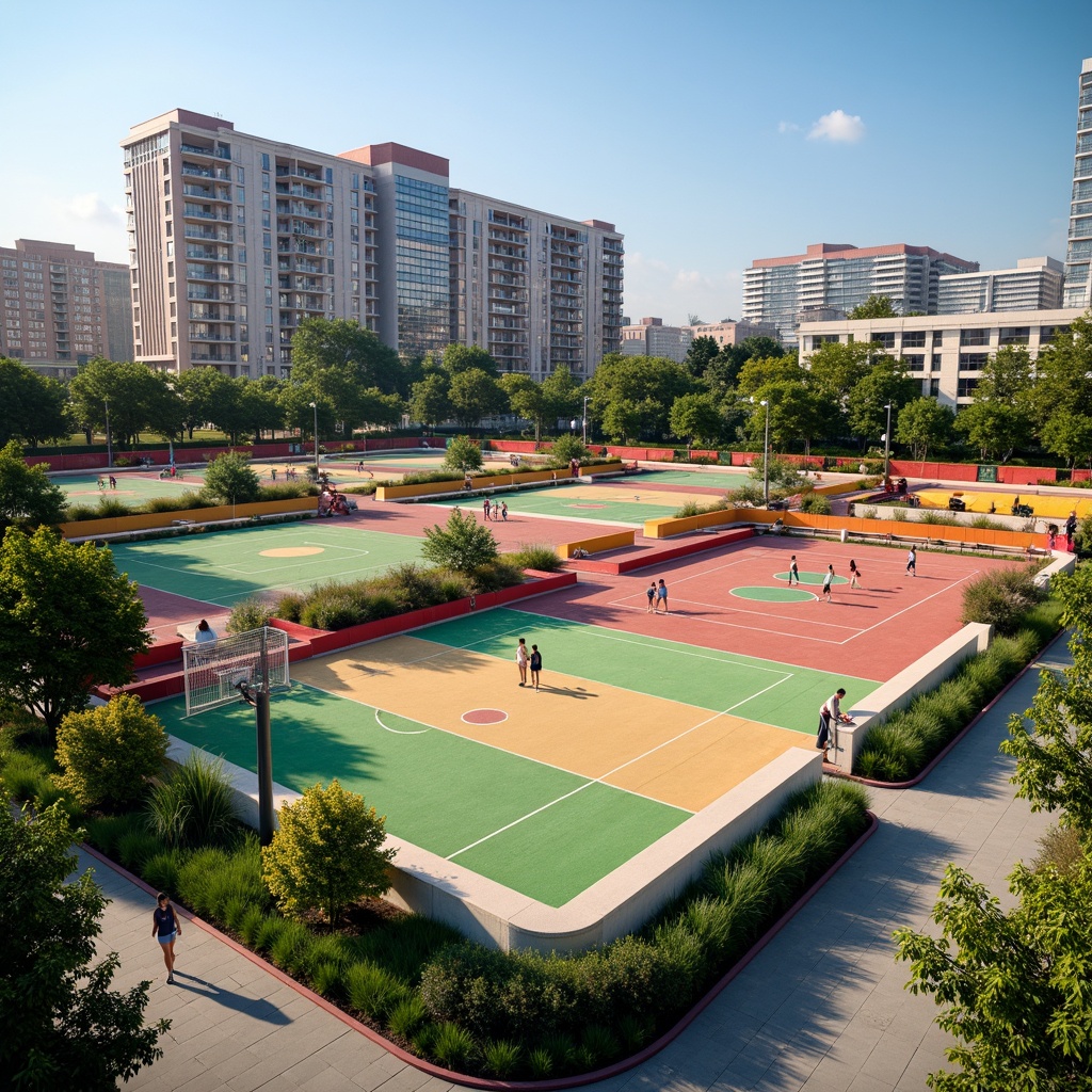 Prompt: Vibrant sports fields, eclectic mix of materials, bold color blocking, dynamic shapes, abstract patterns, modernist architecture, functional zones, athletic tracks, soccer goals, basketball courts, tennis nets, spectator seating, shaded areas, natural grass, artificial turf, urban landscape, city skyline, sunny day, dramatic lighting, high contrast, 1/2 composition, wide-angle lens, realistic textures, ambient occlusion.