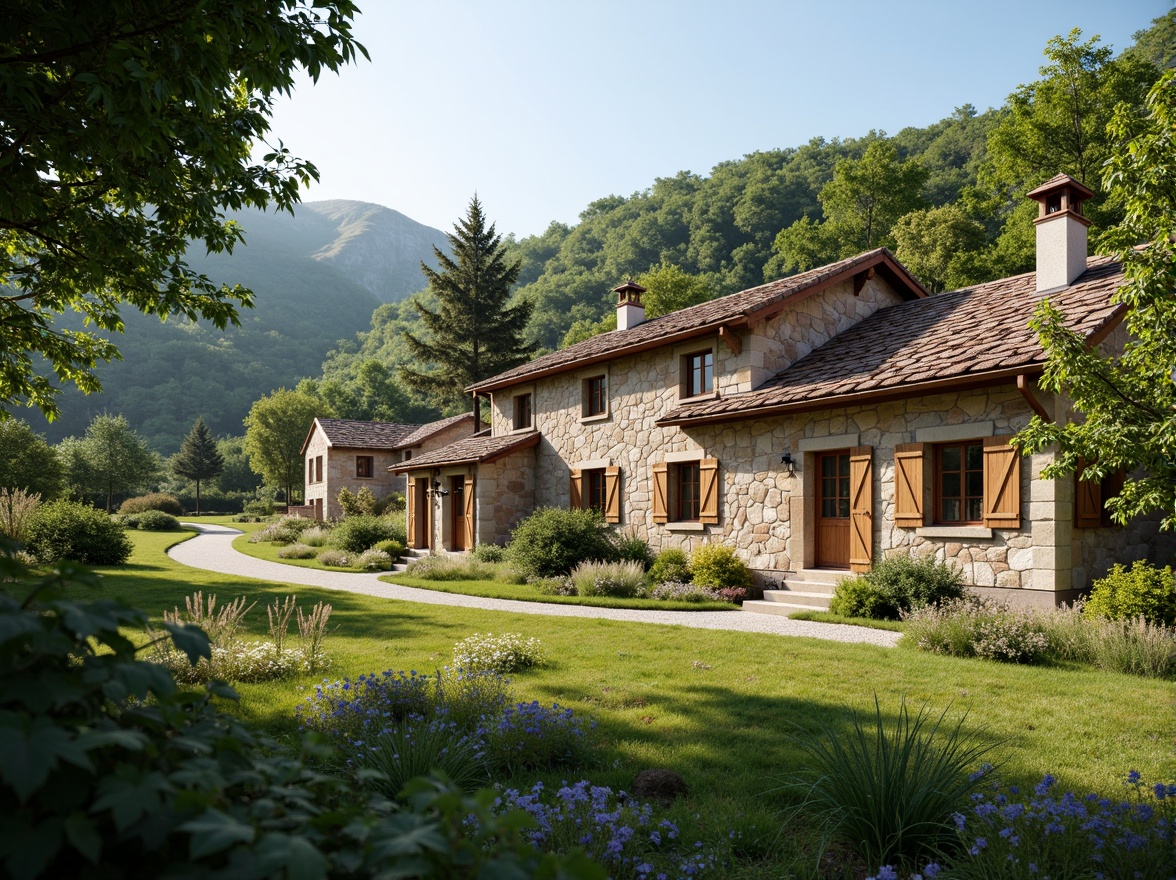 Prompt: Rustic rural cottage, natural stone walls, wooden shutters, earthy color palette, pitched roof, overhanging eaves, lush greenery, blooming wildflowers, winding country roads, serene countryside, warm sunny day, soft diffused lighting, shallow depth of field, 1/2 composition, intimate framing, realistic textures, ambient occlusion.