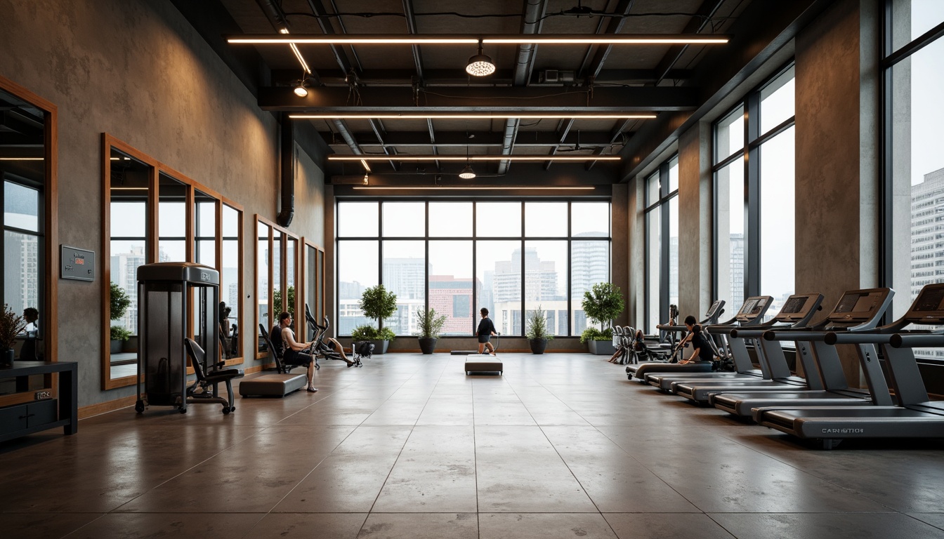 Prompt: Minimalist gymnasium interior, industrial chic aesthetic, polished concrete floors, exposed ductwork, sleek metal beams, modern LED lighting fixtures, suspended linear lamps, recessed ceiling lights, ambient indirect illumination, soft warm glow, high ceilings, large windows, natural daylight, urban cityscape views, athletic equipment, free weights, treadmills, exercise machines, mirrored walls, wooden accents, minimalist color palette, neutral tones, subtle textures, 1/1 composition, shallow depth of field, realistic reflections.