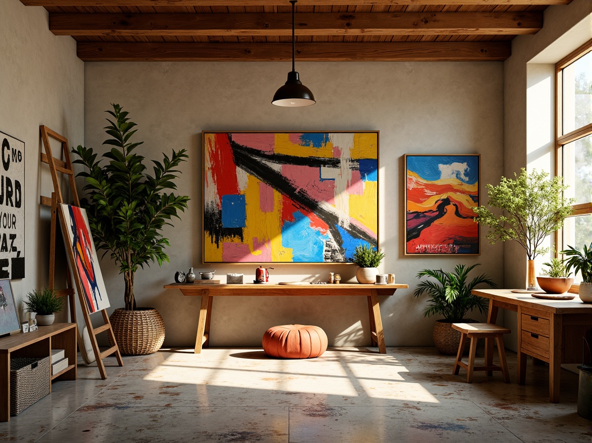 Prompt: Vibrant art studio, bold brushstrokes, eclectic color palette, abstract expressionism, textured canvases, artistic freedom, natural light pouring, wooden easels, paint-splattered floors, inspirational quotes, modern interior design, sleek lines, minimalist decor, accent walls, statement furniture pieces, warm golden lighting, shallow depth of field, 1/1 composition, realistic textures, ambient occlusion.