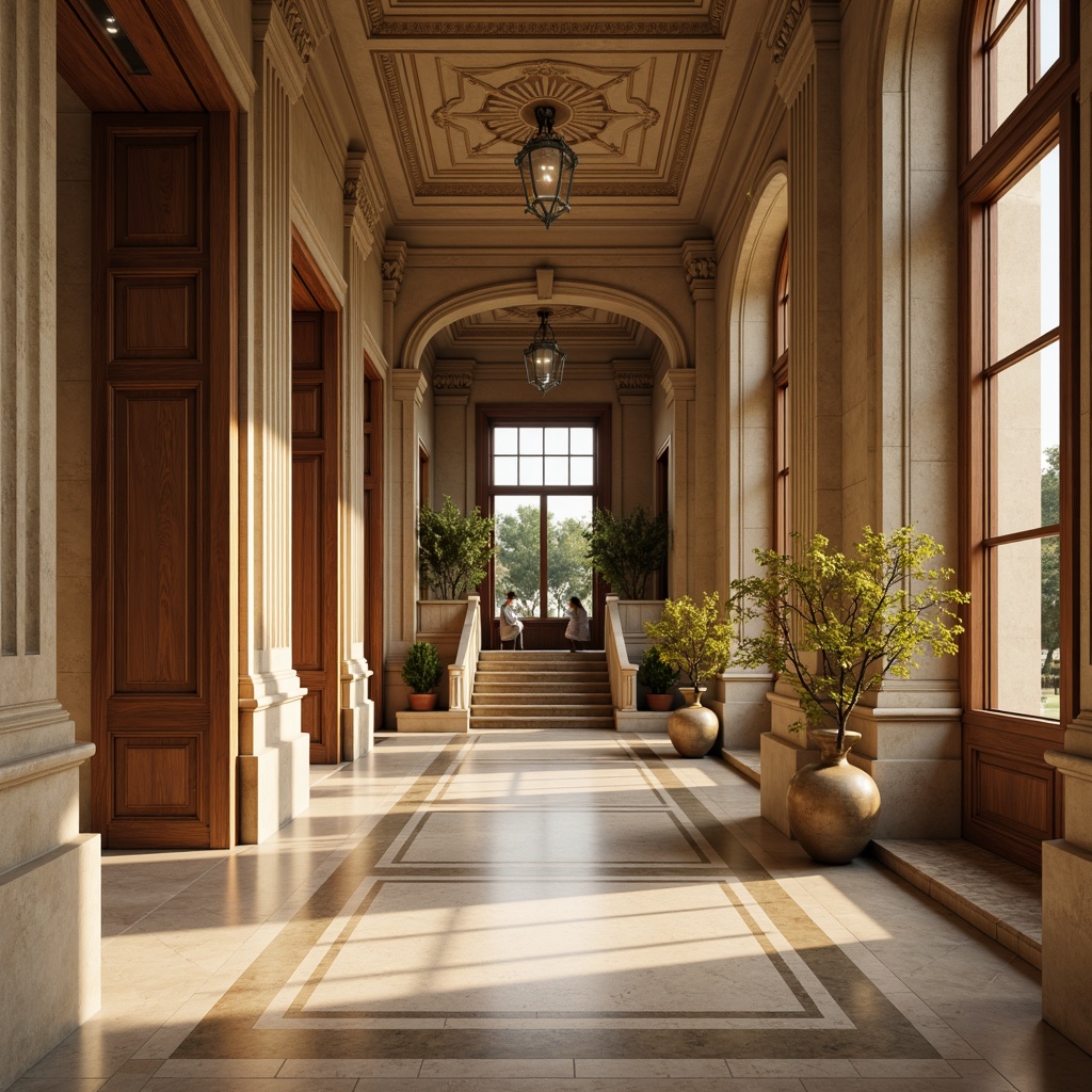 Prompt: Elegant classical architecture, ornate columns, carved stone details, symmetrical facades, grand entranceways, sweeping staircases, rich wood tones, luxurious fabrics, muted earthy colors, soft golden lighting, warm beige walls, creamy marble floors, subtle texture overlays, realistic material reflections, atmospheric perspective, 2/3 composition, cinematic camera angles.