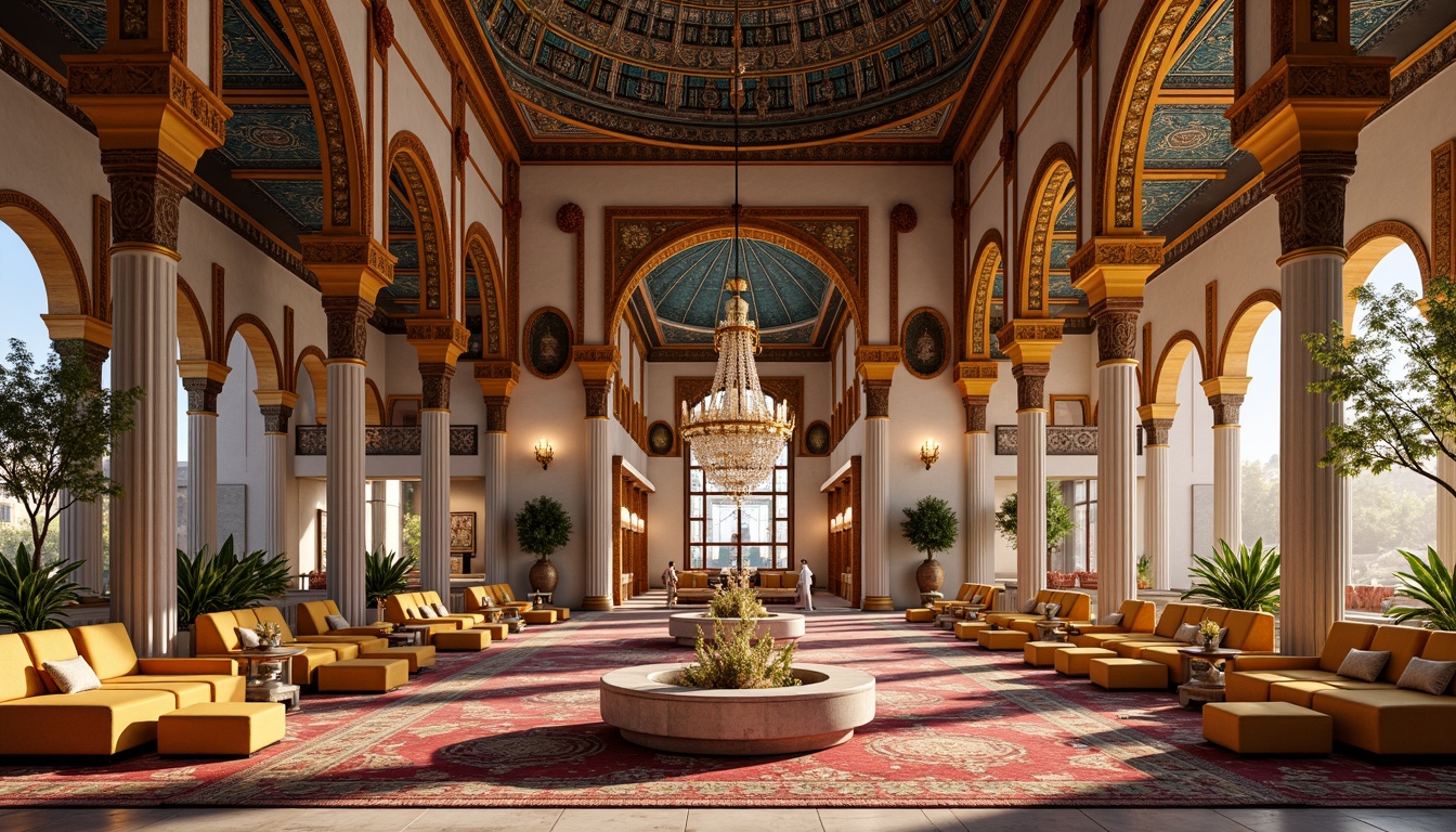 Prompt: Vibrant Islamic-inspired architecture, intricate geometric motifs, ornate tile work, symmetrical archways, grand domes, minarets, colorful mosaics, luxurious textiles, opulent furnishings, lavish decorations, majestic columns, grandiose chandeliers, warm golden lighting, shallow depth of field, 3/4 composition, panoramic view, realistic textures, ambient occlusion.