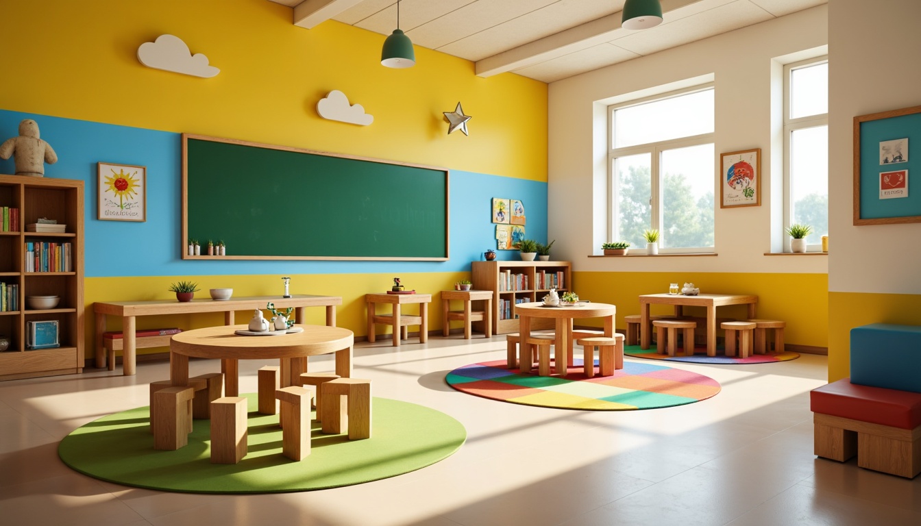 Prompt: Vibrant elementary school, playful kindergarten classroom, bright yellow walls, soft blue accents, green chalkboard, wooden desks, colorful rug, educational posters, natural light, warm beige floors, modern furniture, circular tables, collaborative learning spaces, cozy reading nooks, calming atmosphere, gentle lighting, shallow depth of field, 1/1 composition, realistic textures, ambient occlusion.