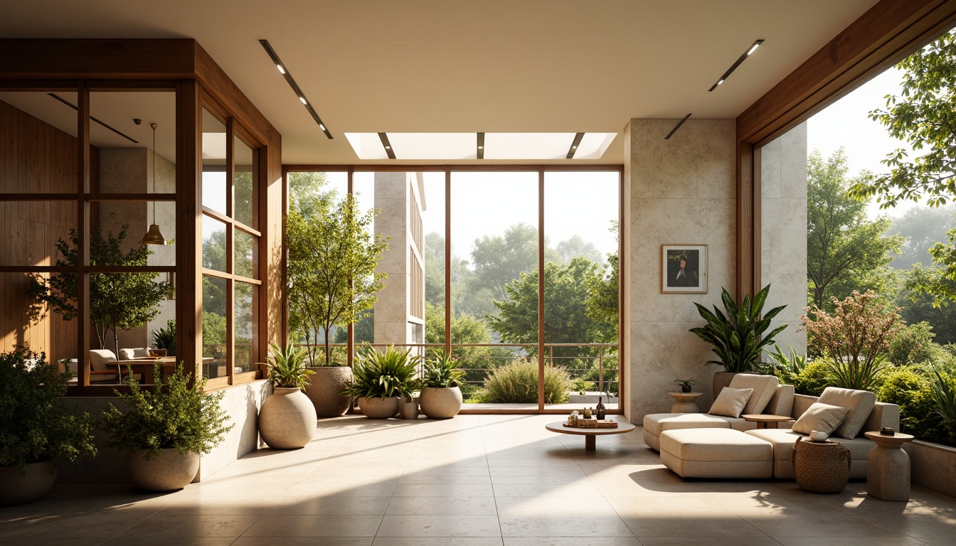 Prompt: Soft warm glow, large windows, minimal shading devices, clerestory windows, skylights, transparent roofs, bright airy atmosphere, natural ventilation, greenery views, blooming flowers, sunny day, gentle breeze, relaxed mood, calming ambiance, serene space, organic textures, earthy color palette, wooden accents, stone walls, minimalist decor, cozy nooks, reading areas, peaceful retreats, soft diffused light, warm color temperatures, 1/1 composition, shallow depth of field.