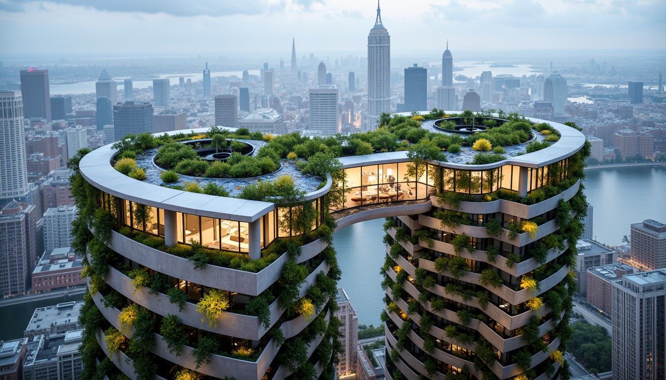 Prompt: Curved green roofs, lush vertical gardens, solar panels, wind turbines, rainwater harvesting systems, recycled metal cladding, low-carbon concrete structures, energy-efficient glazing, double-skin facades, natural ventilation systems, biomimetic patterns, parametric design, futuristic aesthetic, urban skyscraper, bustling cityscape, cloudy blue sky, warm soft lighting, shallow depth of field, 1/1 composition, realistic textures, ambient occlusion.