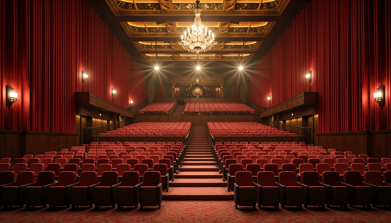 Prompt: Luxurious auditorium interior, rich velvet curtains, warm golden lighting, dark wood accents, plush red seats, ornate metal details, grand chandeliers, sophisticated sound systems, acoustic panels, dramatic spotlights, soft carpeting, elegant staircases, refined architectural lines, subtle texture contrasts, atmospheric ambiance, 1/2 composition, cinematic lighting, realistic reflections.