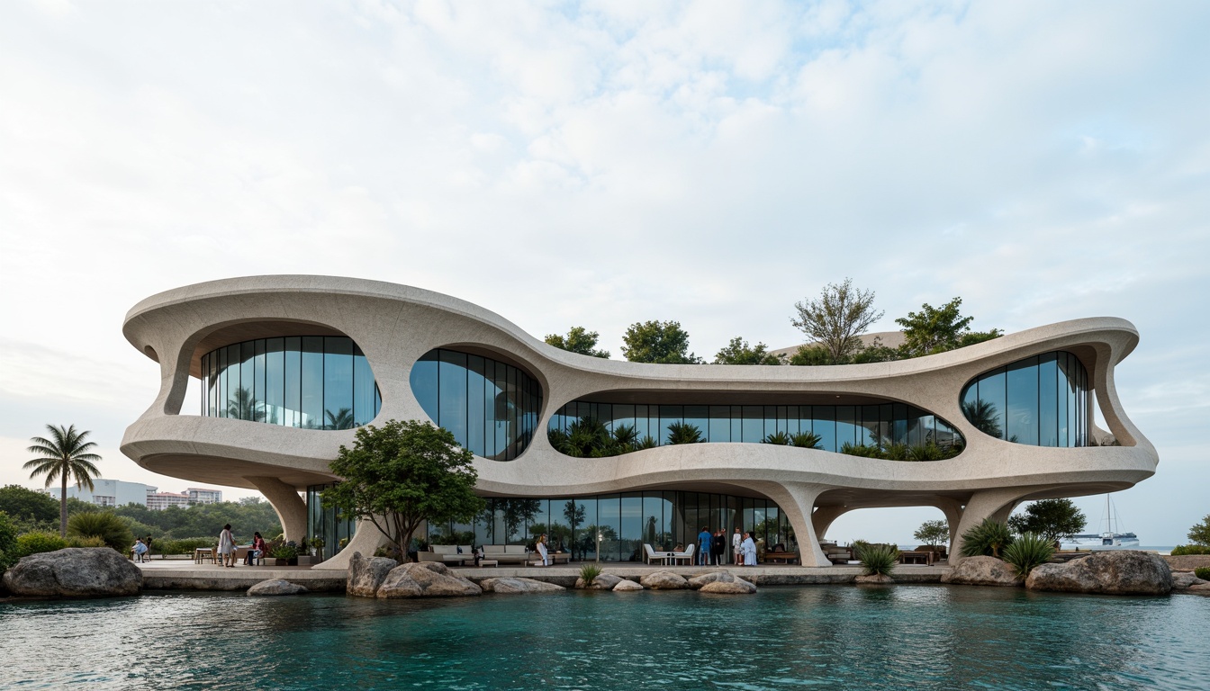 Prompt: Organic coastal office building, wavy lines, undulating curves, shell-inspired fa\u00e7ade, ocean-blue glass, driftwood accents, sea-salt weathered stone, beachy textures, natural ventilation systems, cantilevered floors, panoramic ocean views, soft diffused lighting, 1/1 composition, atmospheric perspective, misty morning atmosphere, seagull sounds, subtle color palette, eco-friendly materials, sustainable energy harvesting systems, green roofs, living walls, adaptive reuse of existing structures.