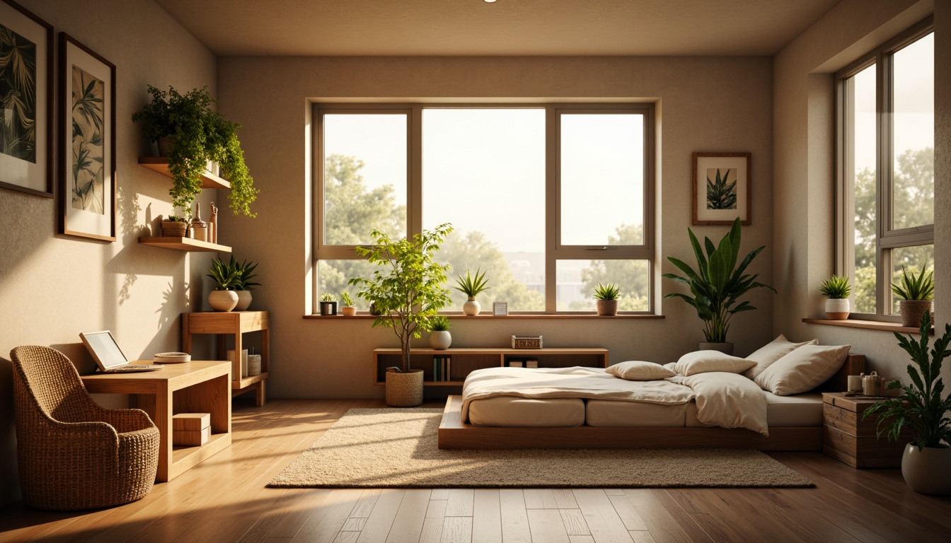 Prompt: Cozy dorm room, large windows, soft natural light, warm beige walls, comfortable bedding, wooden furniture, plants on shelves, calm atmosphere, morning sunlight, gentle shadows, 1/1 composition, shallow depth of field, realistic textures, ambient occlusion.