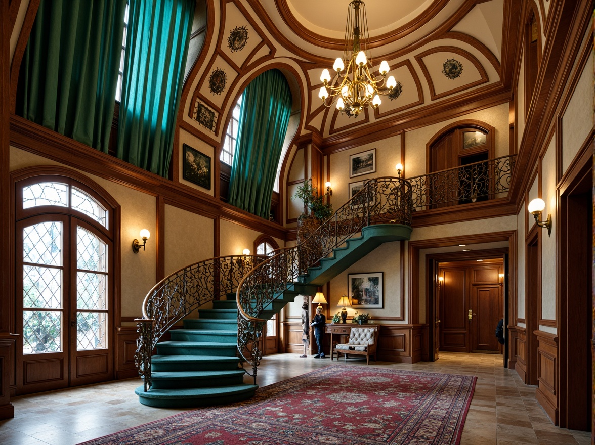 Prompt: Grand staircase, ornate metal railings, flowing organic lines, vibrant turquoise accents, stained glass windows, intricate wooden paneling, curved doorways, luxurious velvet drapes, richly patterned rugs, elegant chandeliers, warm golden lighting, shallow depth of field, 1/1 composition, symmetrical balance, realistic textures, ambient occlusion, ornate plaster ceilings, decorative moldings, grandiose entrance halls, sweeping archways.