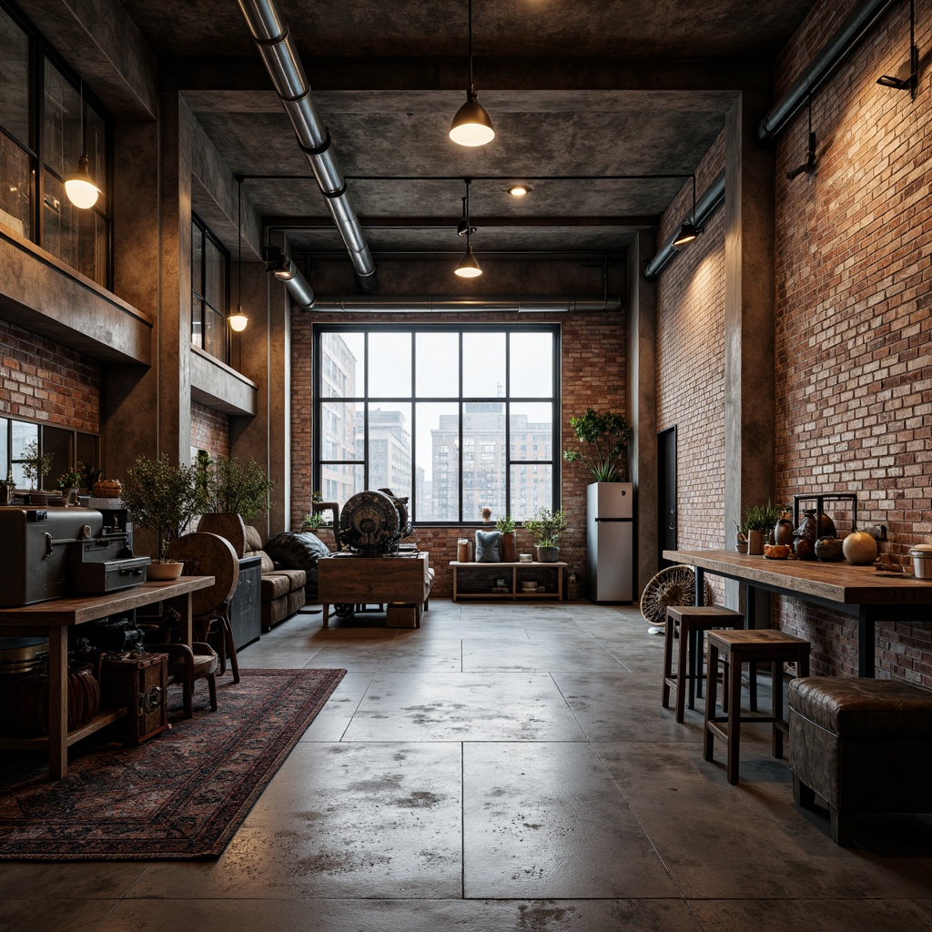 Prompt: Industrial factory setting, exposed brick walls, metal beams, concrete floors, minimalist decor, functional machinery, textured surfaces, distressed wood accents, industrial lighting fixtures, urban atmosphere, cloudy day, soft diffused lighting, shallow depth of field, 1/1 composition, realistic materials, ambient occlusion.