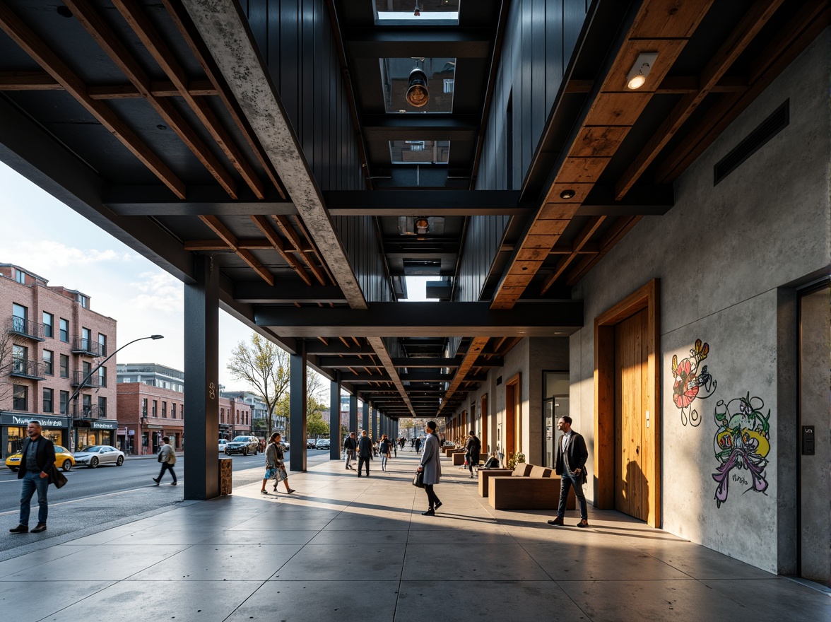 Prompt: Modern building facade, exposed steel beams, industrial chic aesthetic, polished concrete floors, minimalist decor, urban cityscape, bustling streets, vibrant street art, eclectic mix of old and new architecture, cantilevered roofs, asymmetrical compositions, dramatic lighting effects, high-contrast shadows, 1/2 composition, wide-angle lens, cinematic atmosphere, realistic textures, ambient occlusion.