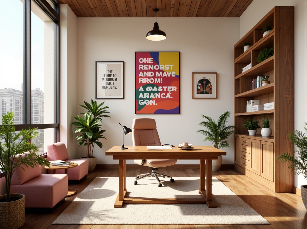 Prompt: Vibrant design studio, modern minimalist interior, sleek wooden desk, ergonomic chair, colorful artwork, inspirational quotes, natural light pouring in, large windows, urban cityscape view, warm beige walls, rich brown furniture, pastel pink accents, creamy white textures, bold typography, geometric patterns, 3/4 composition, shallow depth of field, soft warm lighting, realistic shadows.