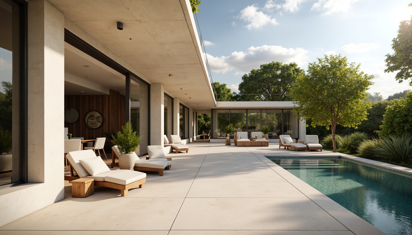 Prompt: Luxurious villa, modernist architecture, clean lines, minimal ornamentation, large windows, sliding glass doors, open-plan living spaces, high ceilings, polished concrete floors, warm beige walls, rich wood accents, sleek metal fixtures, subtle color palette, soft creamy whites, gentle grays, taupe undertones, earthy browns, muted blues, natural stone textures, lush greenery, serene outdoor spaces, sunny day, soft warm lighting, shallow depth of field, 3/4 composition, panoramic view, realistic textures, ambient occlusion.