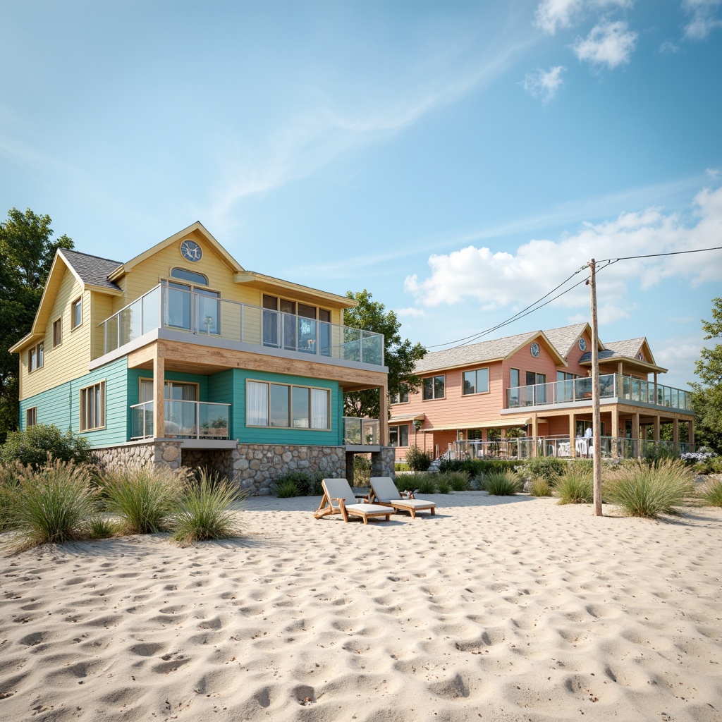 Prompt: Sandy beachside, oceanfront villas, pastel-colored facades, driftwood accents, sea-salt weathered roofs, nautical-themed decorations, calming turquoise hues, soft peach tones, creamy whites, warm beige textures, natural stone foundations, rustic wooden decks, sailboat-inspired railings, seaside promenades, gentle ocean breezes, warm sunny days, shallow depth of field, 1/1 composition, realistic renderings, ambient occlusion.