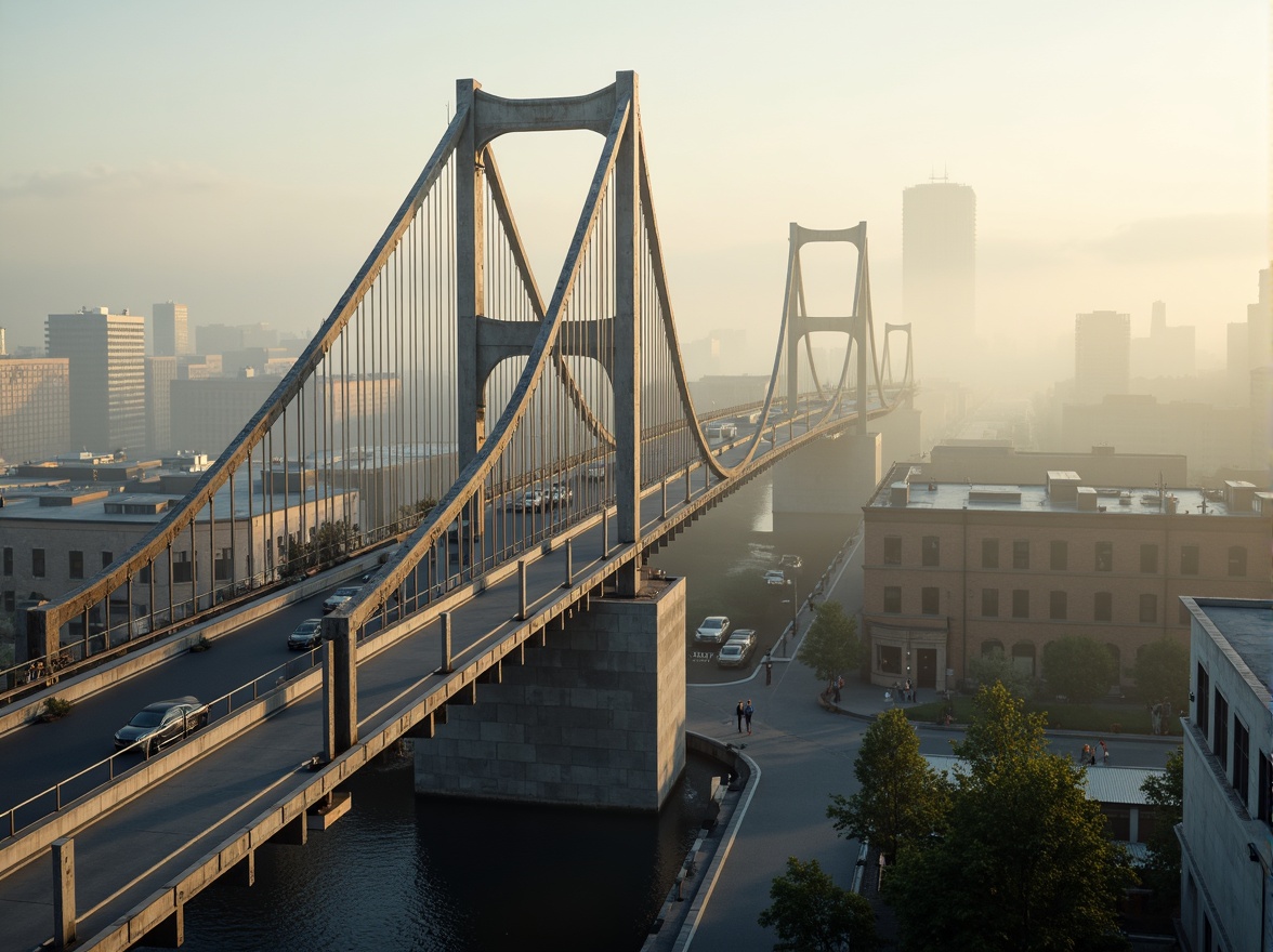 Prompt: Rustic vehicular bridge, steel arches, suspension cables, concrete piers, asphalt roadways, metallic railings, urban cityscape, misty morning fog, soft warm lighting, shallow depth of field, 3/4 composition, panoramic view, realistic textures, ambient occlusion.